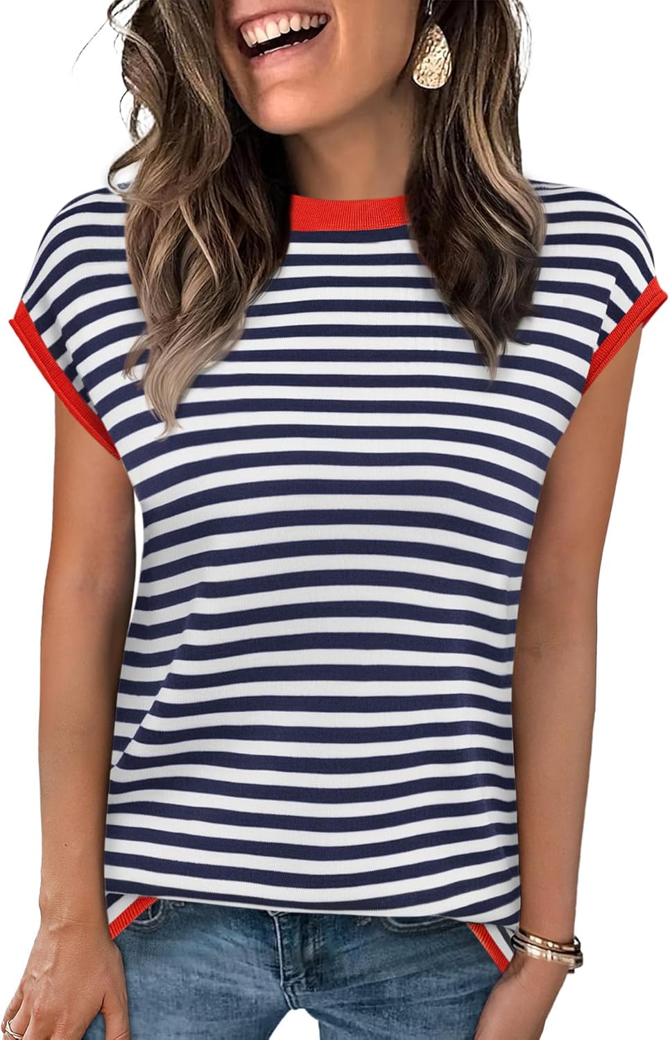 Cap Sleeve Tops for Women Summer Striped Short Sleeve Sweater Top Crew Neck Sleeveless Vest Spring Going Out Shirts