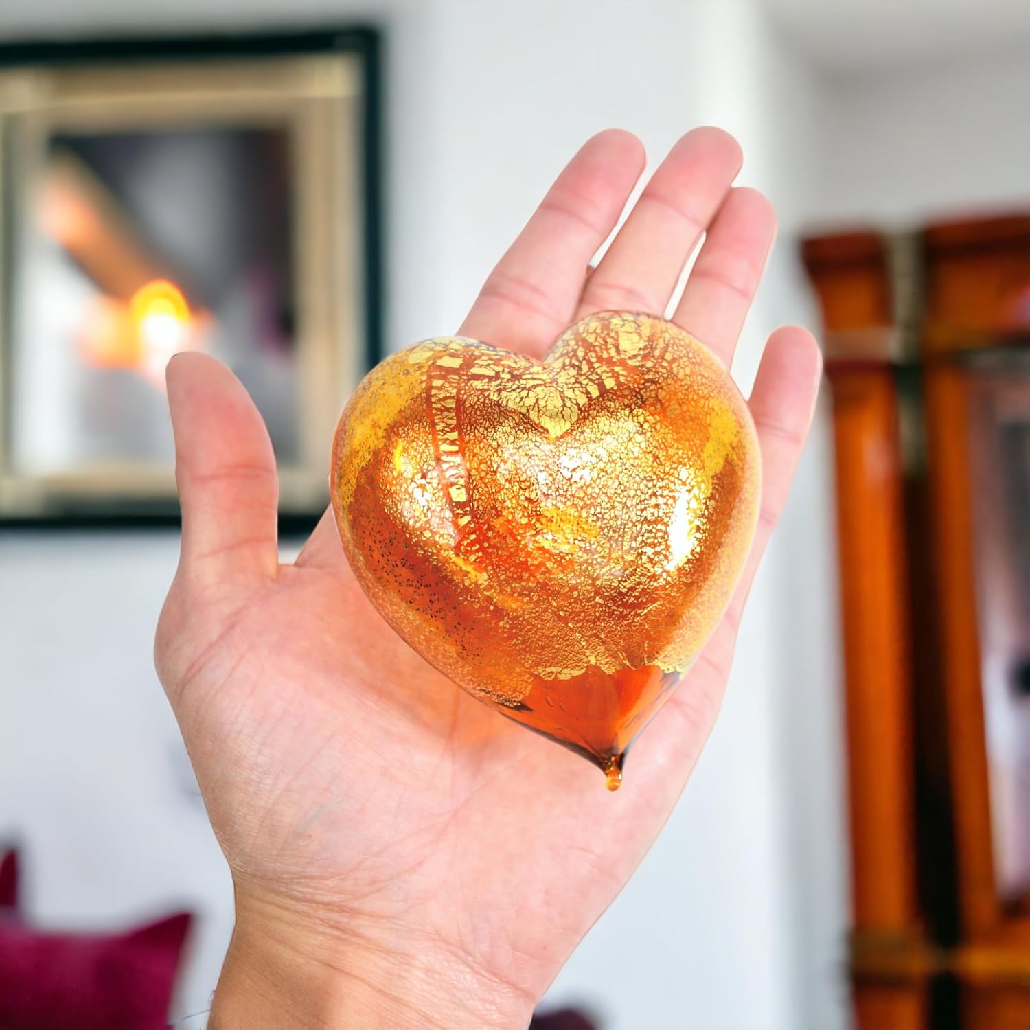 MY ITALIAN DÉCOR Handmade Murano Glass Blown Heart Figurine, Amber, 3.5" x 3", Hand Blown Heart Shaped Decor, Valentine's Day Decorations, Glass Heart Gifts for Women, Made in Italy