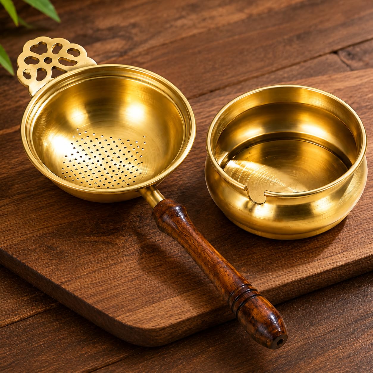 100% Pure Brass Tea Strainer with Wooden Handle & Rest Bowl Set of 2 Kitchenware | Handcrafted Loose Leaf Tea & Coffee Steeper | Strainer for Kitchen & Gifting | 22x8x4 cm | 100 GMS-image-22