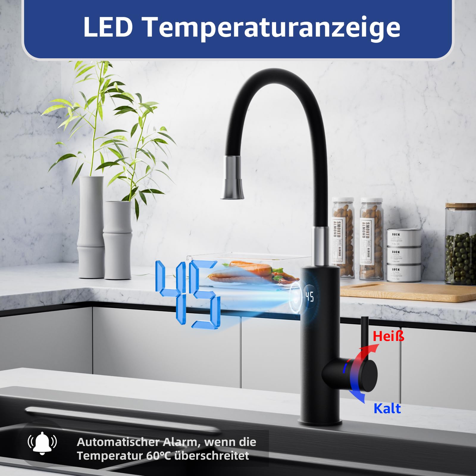 Wasserhahn mit Durchlauferhitzer Küche, 3200W Elektrischer Wasserhähne Sofort Heißes Küchenarmatur mit Flexibler Auslauf und LCD Temperaturanzeige, 360º Drehung Schnellheizungshahn Armatur, Schwarz