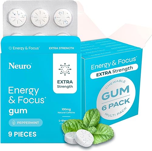 Neuro Energy & Focus Gum Extra Strength - Goma de mascar de cafeína natural de 100 mg y suplemento energético nootrópico con L-teanina y vitaminas
