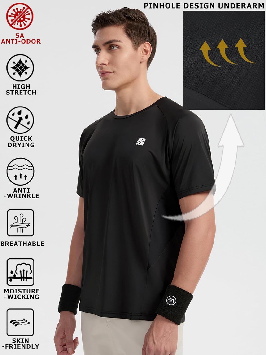 Mens Tennis Pickleball Shirts Moisture Wicking Workout Running Pinhole Stitching Deodorant T-Shirt - Image 3