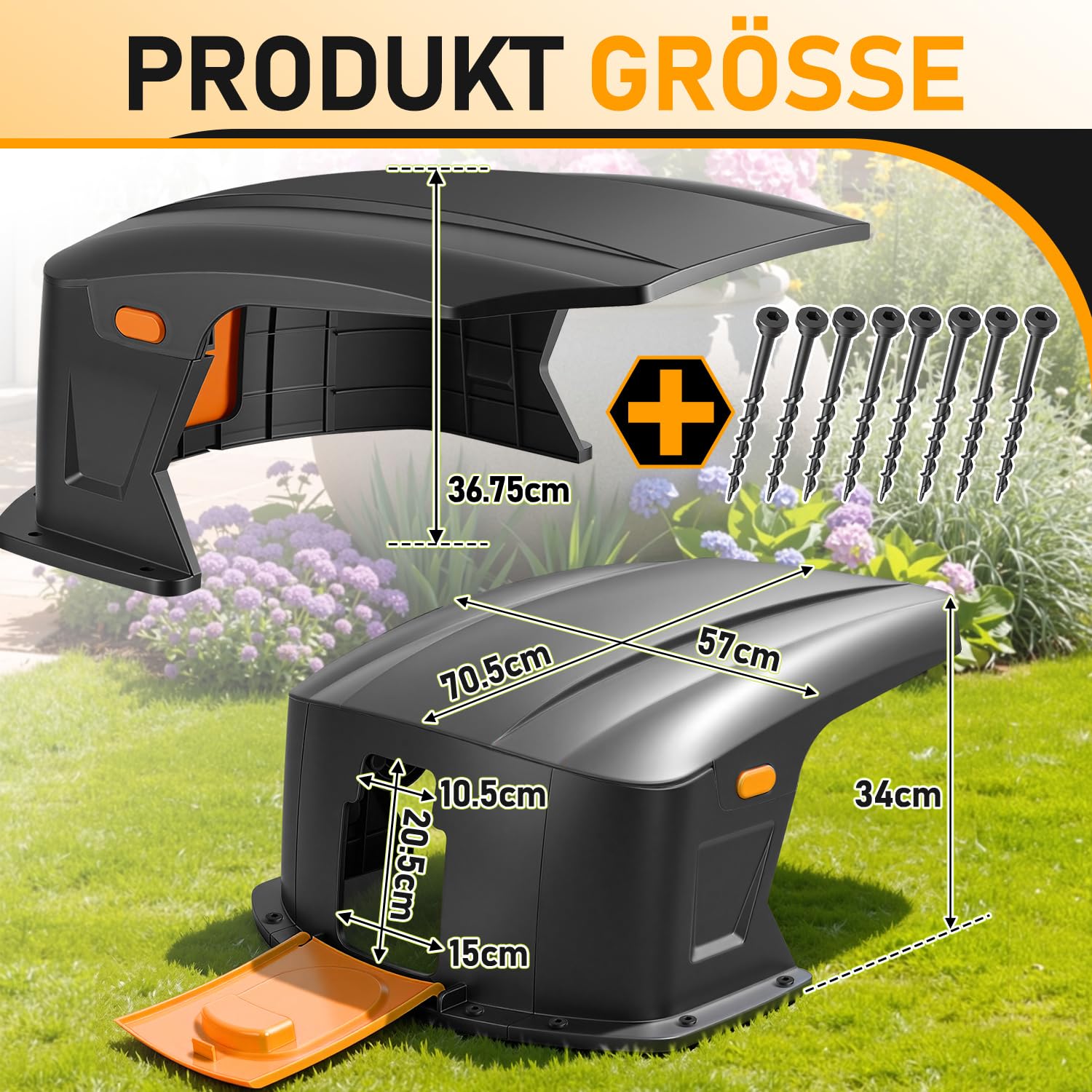 Garaje para robot cortacésped de ABS, 70,5 × 57 × 33 cm, cubierta impermeable para robot de césped y estación de carga, protección UV y lluvia, universal, incluye material de montaje