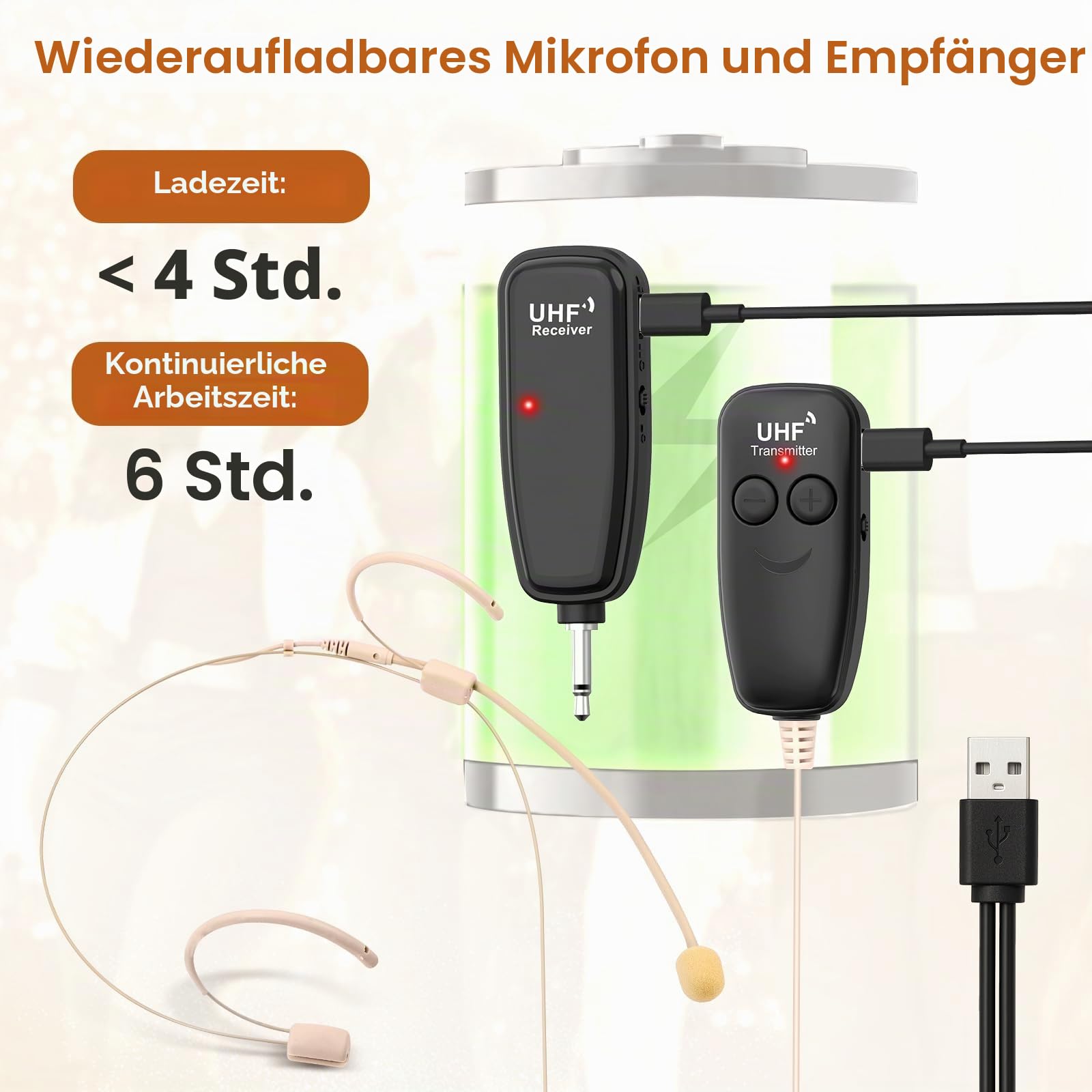 Kabelloses Headset Mikrofon, UHF Hautton Drahtloses Mikrofon Lautsprechersystem, Beigefarbene Sprachverstärker Funkmikrofon, 50m Kabelloser Reichweite, für Lehrer, Reiseleiter, Fitnesstrainer