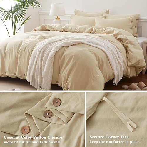 Miniatura 4 de SunStyle Home Juego de funda de edredón beige tamaño individual con cierre de botones, 2 piezas de color liso, lujoso, ultra suave y agradable para