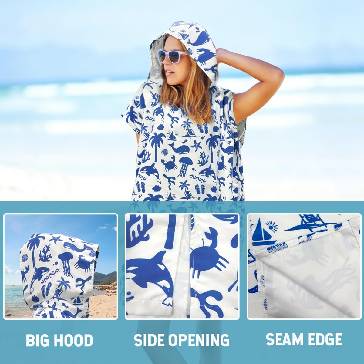 Surf Changing Poncho Beach Ocean Towel Robe Hoodie Sand Cloud Poncho for Adults Swimming Beach Surfing Home Bathing