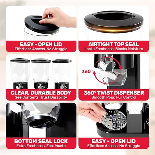 Miniatura 2 de Dispensador triple de cereales para encimera, paquete de 3 recipientes grandes de cereales de 2 litros, herméticos, dispensador giratorio de