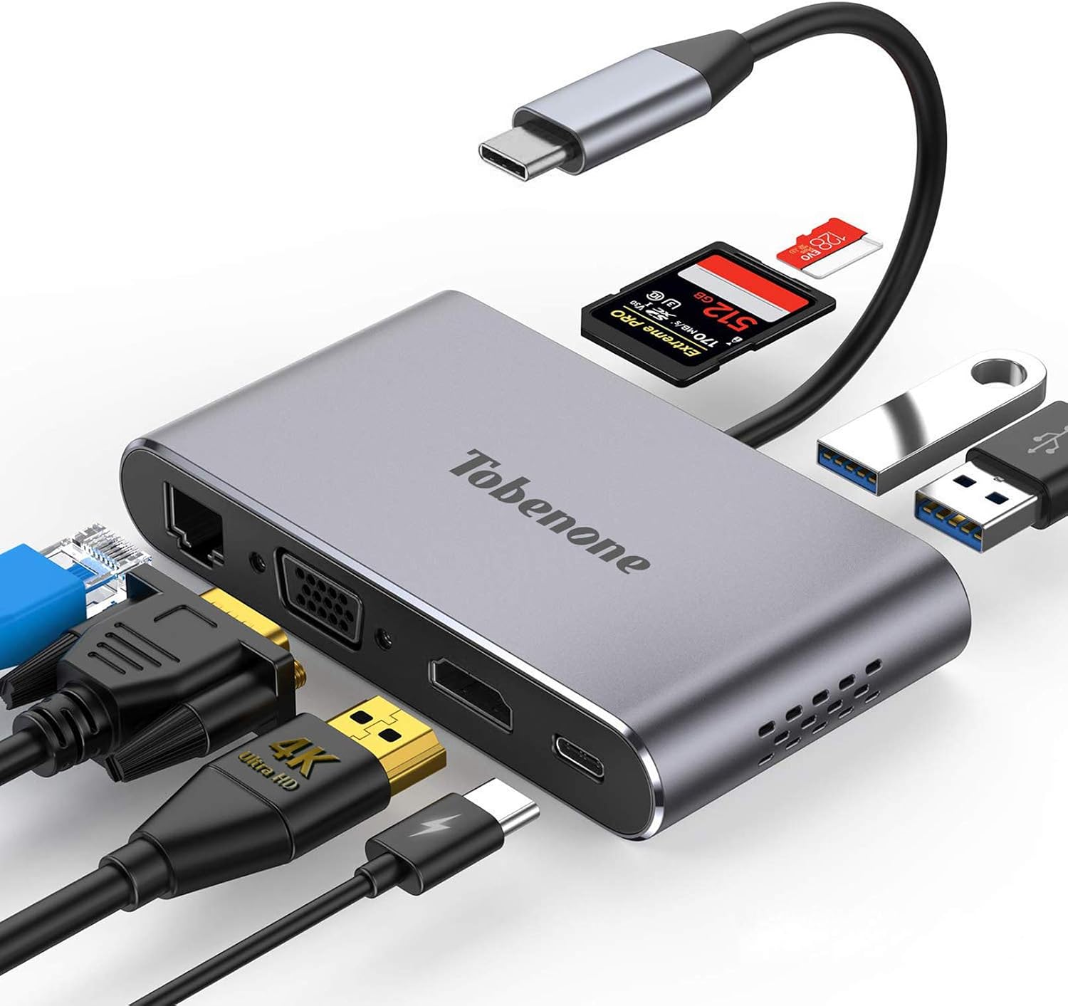 USB C to VGA Adapter Hub, 8-in-1 USB C Adapter with 4K HDMI, VGA, USB 3.0, 87W PD, Ethernet, SD/Micro SD Slot, Compatible with USB C MacBook Pro/Air/iPad Pro 2018/Dell XPS/Galaxy S8 and More