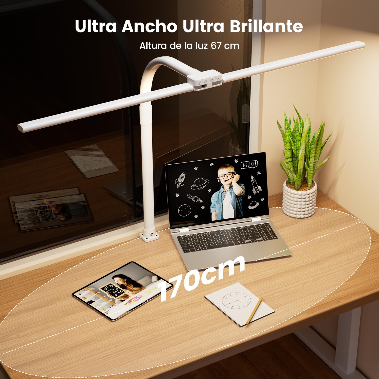 SIBRILLE Lampara Led Escritorio con Pinza, Lámpara De Escritorio Giratoria Para Ordenador Y Oficina En Casa, Lámpara De Escritorio Regulable Ajustable Con Cuello De Cisne, Doble Cabezal, Blanco