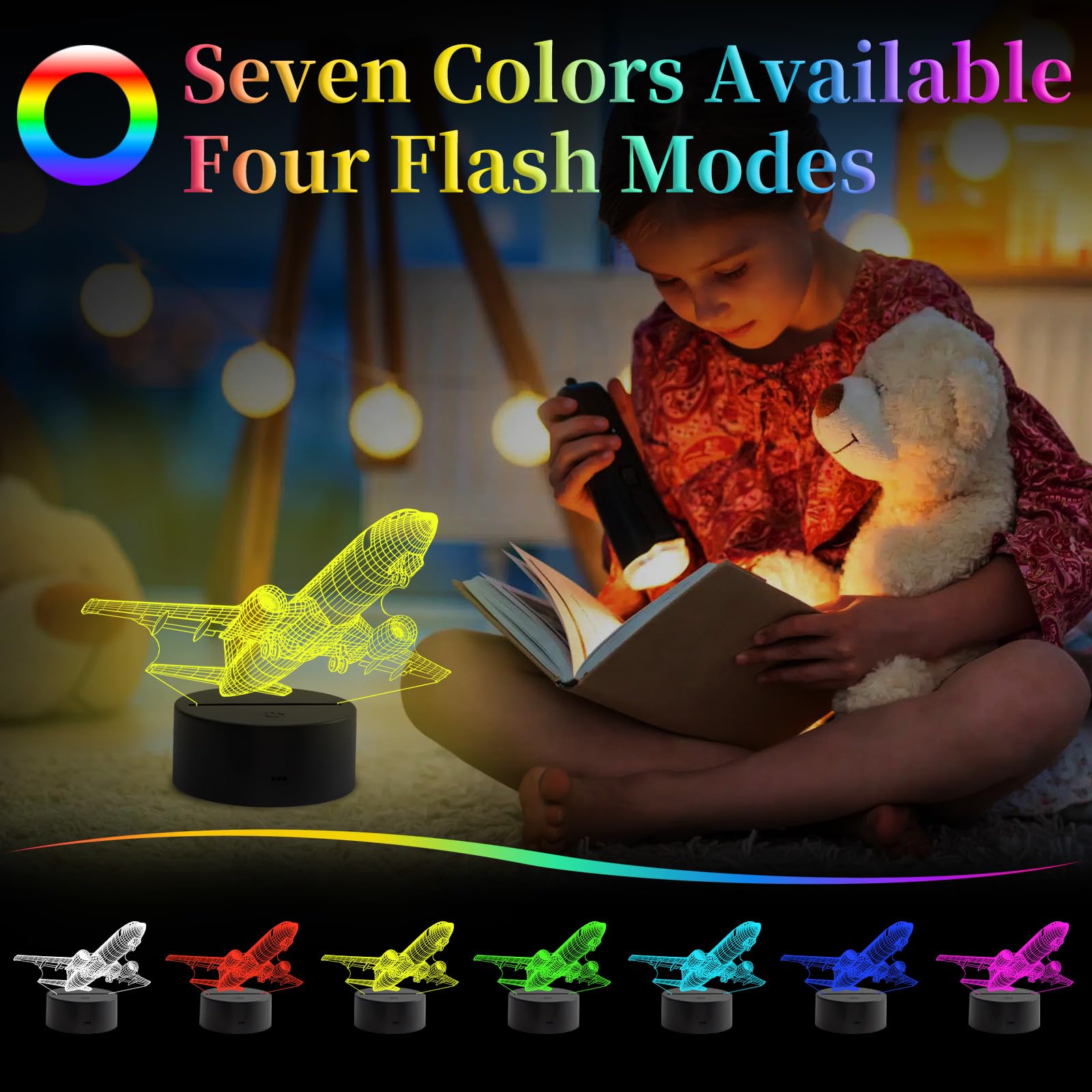 Airplane Night Light, 3D LED Illusion Night Lamp for Boys - Aircraft Themed Bedroom Lamps, Optical Illusion Lamp with Remote Control, Perfect for Kids' Room Décor, Cool Gifts for Airplane Lovers