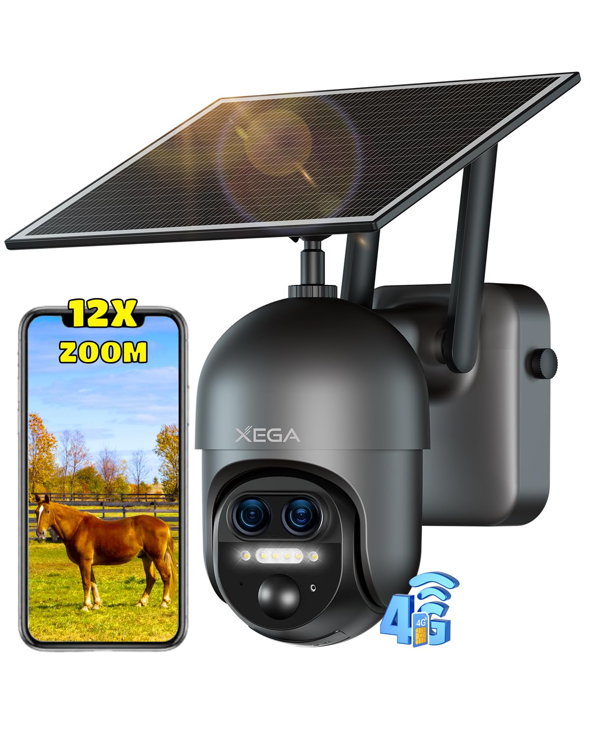 Xega 4G LTE 12X Zoom Híbrido Cámara Vigilancia Exterior con Sim,2K HD PTZ Doble Lente Camara Solar Sin Cable con 10400mAh Batería,Inalámbrica, Visión Nocturna,PIR/AI Humana Detección, TF & Cloud,IP66