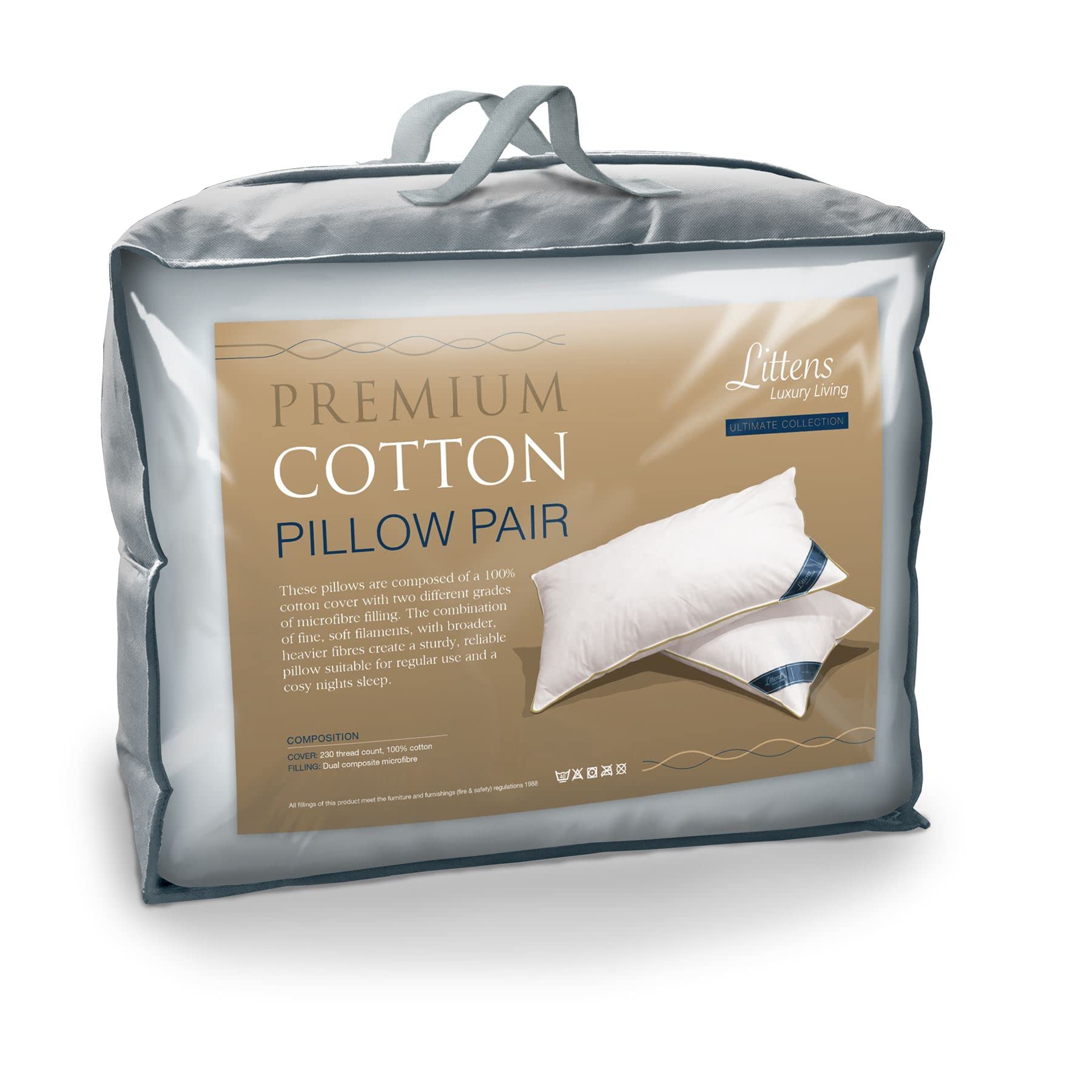 Littens Ultimate Collection Premium Cotton Pair Pillows, 230TC Cotton, Dual Blend Soft Microfibre Filled. Gold Piped Edge, 48cm x 74cm (19" x 29")