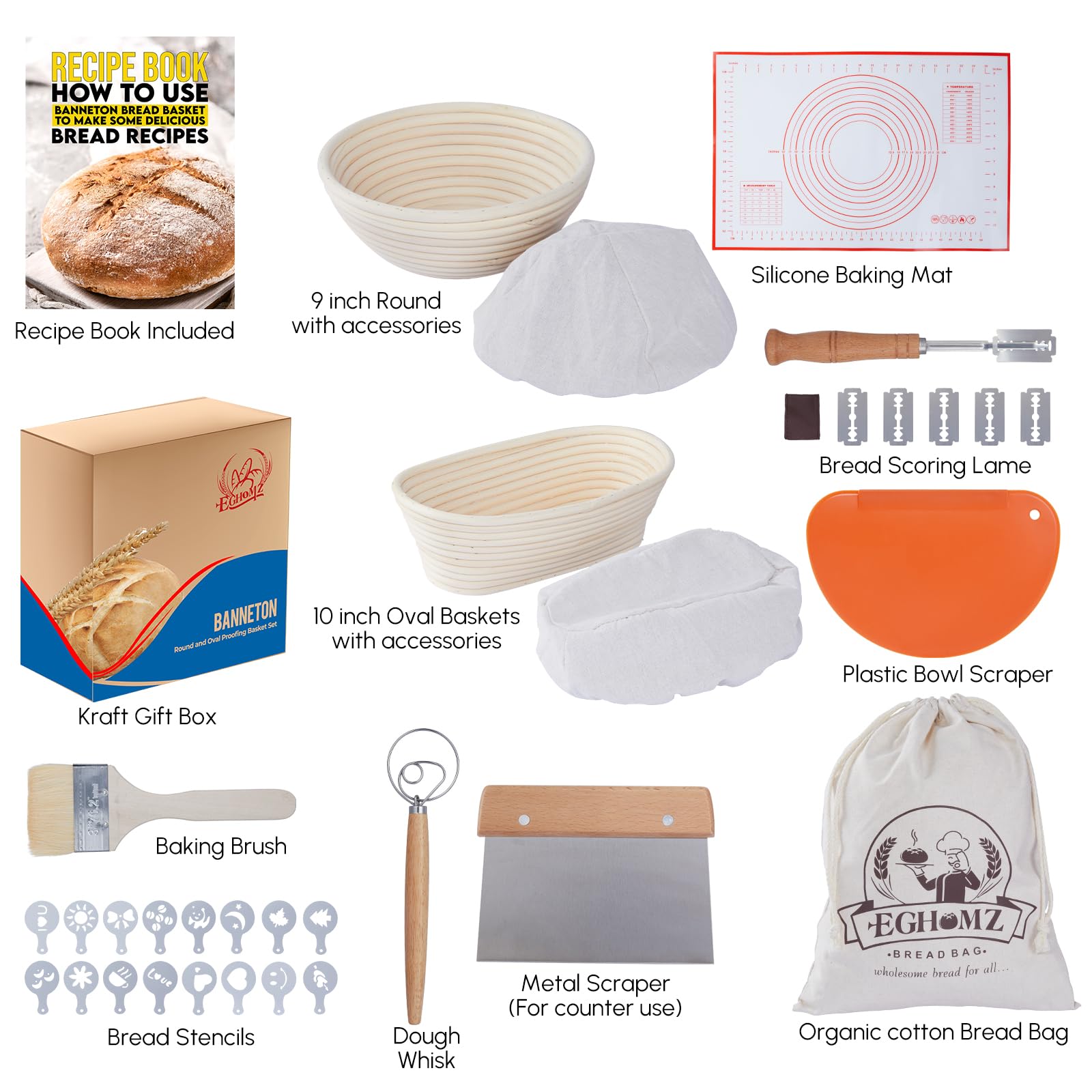 Set di 17 cestini per lievitazione del pane Banneton, rotondi da 22,9 cm e ovali da 25,4 cm, kit completo per la preparazione del pane, frusta danese, raschietto, raschietto per impasto, e lame per
