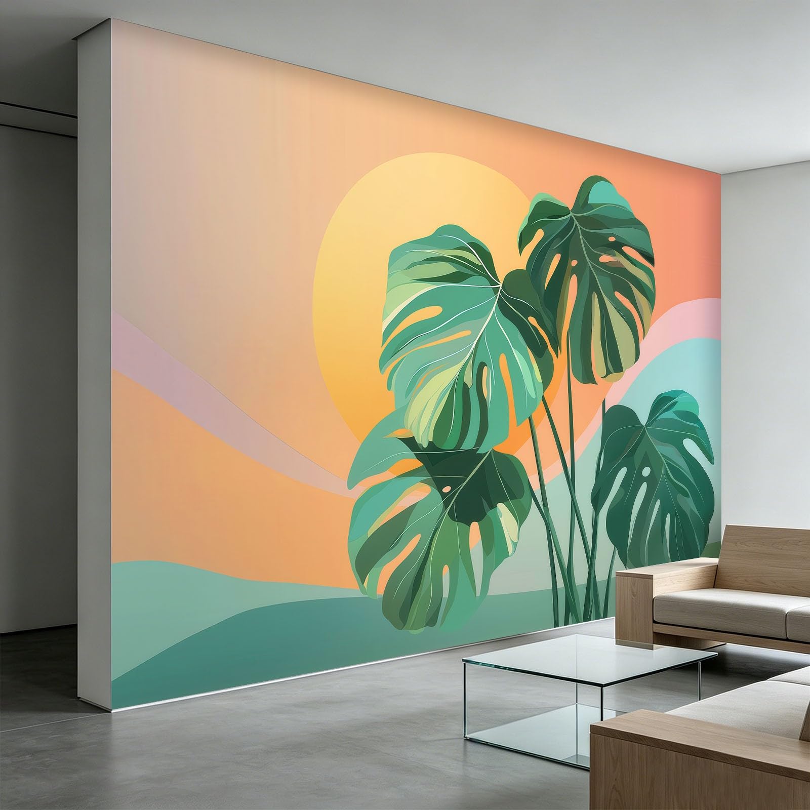 Tapeta 3D, zachód słońca, roślina, liście monstery, 250 x 175 cm, mural ścienny, do minimalizmu, salonu, mieszkania, biura, włókniny, fototapeta, funkcja premium, fototapeta ścienna
