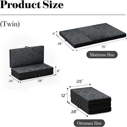 Miniatura 2 de Vamcheer Colchón plegable tamaño individual, colchón plegable de 4 pulgadas, tapete de espuma viscoelástica de triple pliegue con una funda plegable