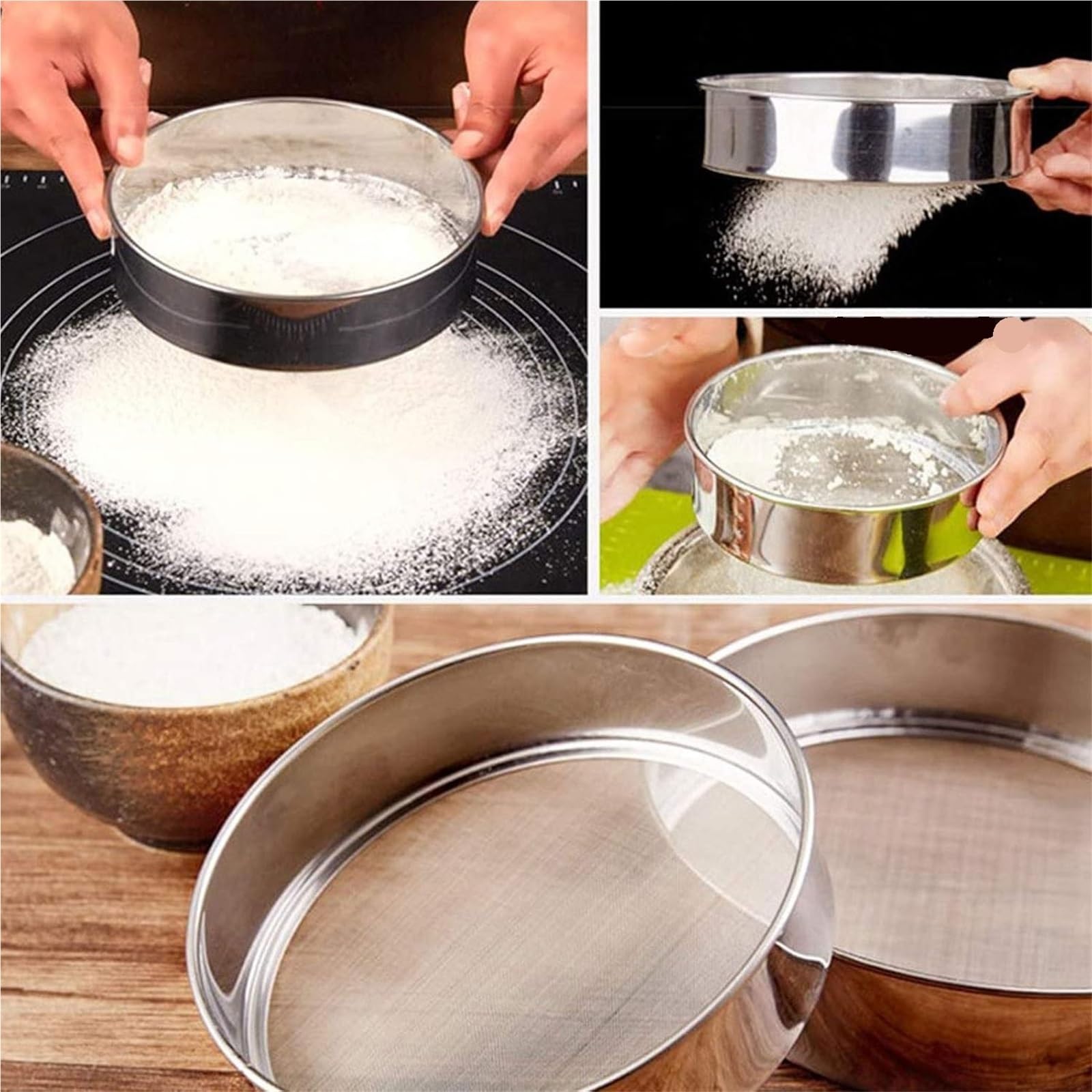 Sita do mąki ze stali nierdzewnej, Przesiewacz do mąki ze stali nierdzewnej 304 z drobnymi oczkami, ciasta, pieczenie, gotowanie, srebro 15-25 cm(Silver 25cm)