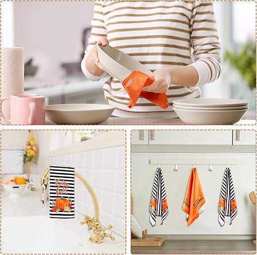 Miniatura 5 de D24TIME Juego de 2 toallas de cocina de otoño con texto en inglés "Hello Pumpkin", juego decorativo de otoño para casa de campo, secado a mano,