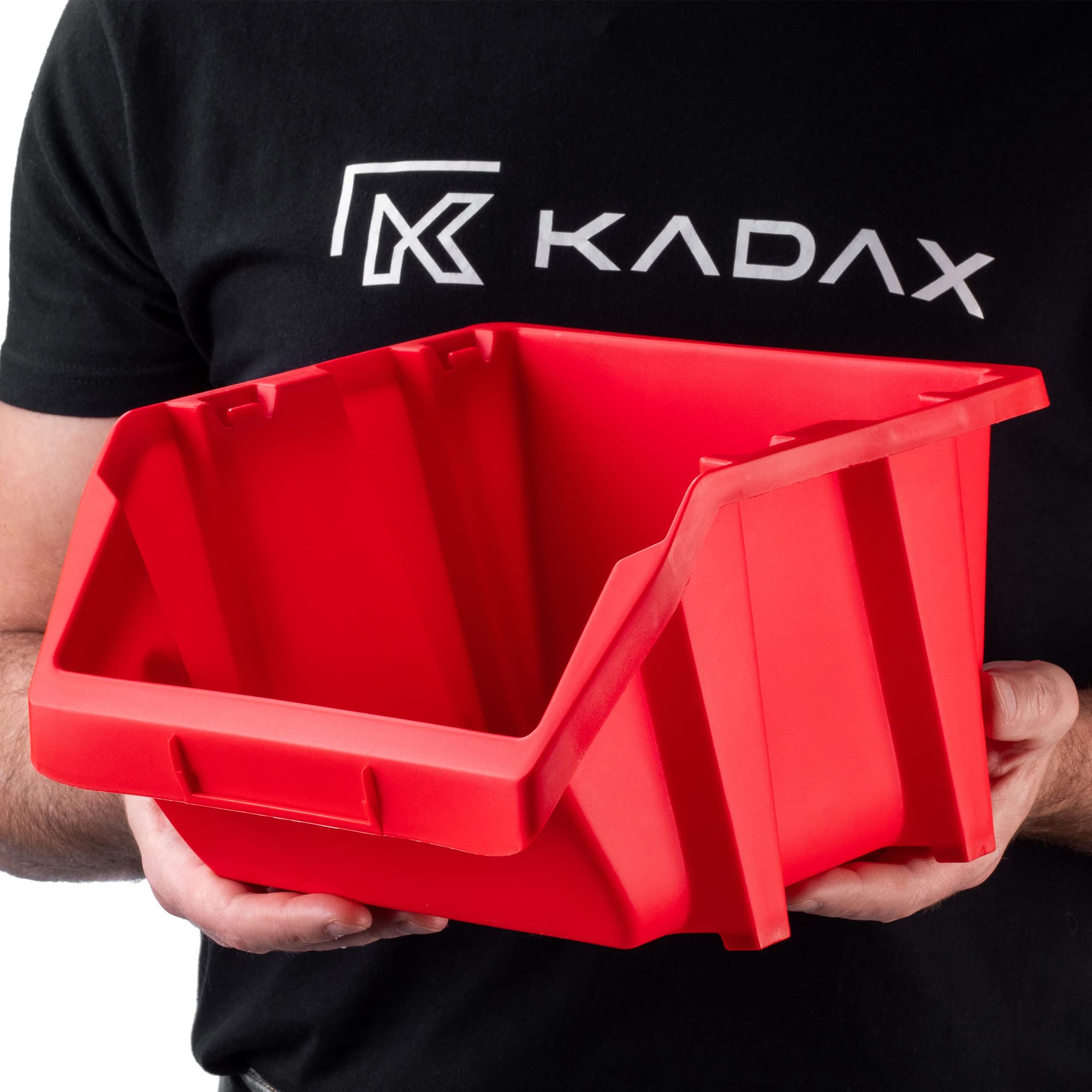 KADAX Caja apilable para taller, pequeña caja clasificadora de plástico PP, en diferentes tamaños y colores, cajas de almacenamiento para pared de herramientas (rojo, 20 unidades, 272 x 238 mm)