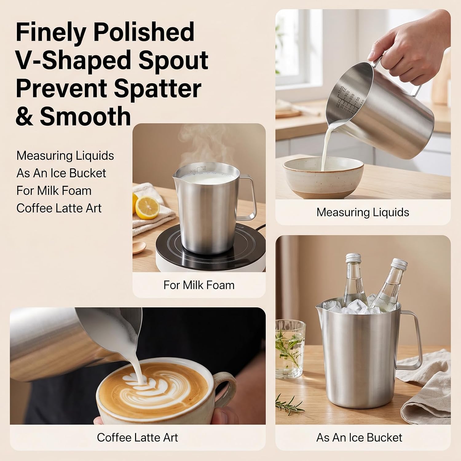 304 Stainless Steel Pitcher with Lid, 34 oz / 1L Metal Measuring Cup with Handle & Dual Scales, Large Mouth Graduated Beakers, Stainless Steel Milk Frothing Jug for Iced Tea, Hot & Cold Water