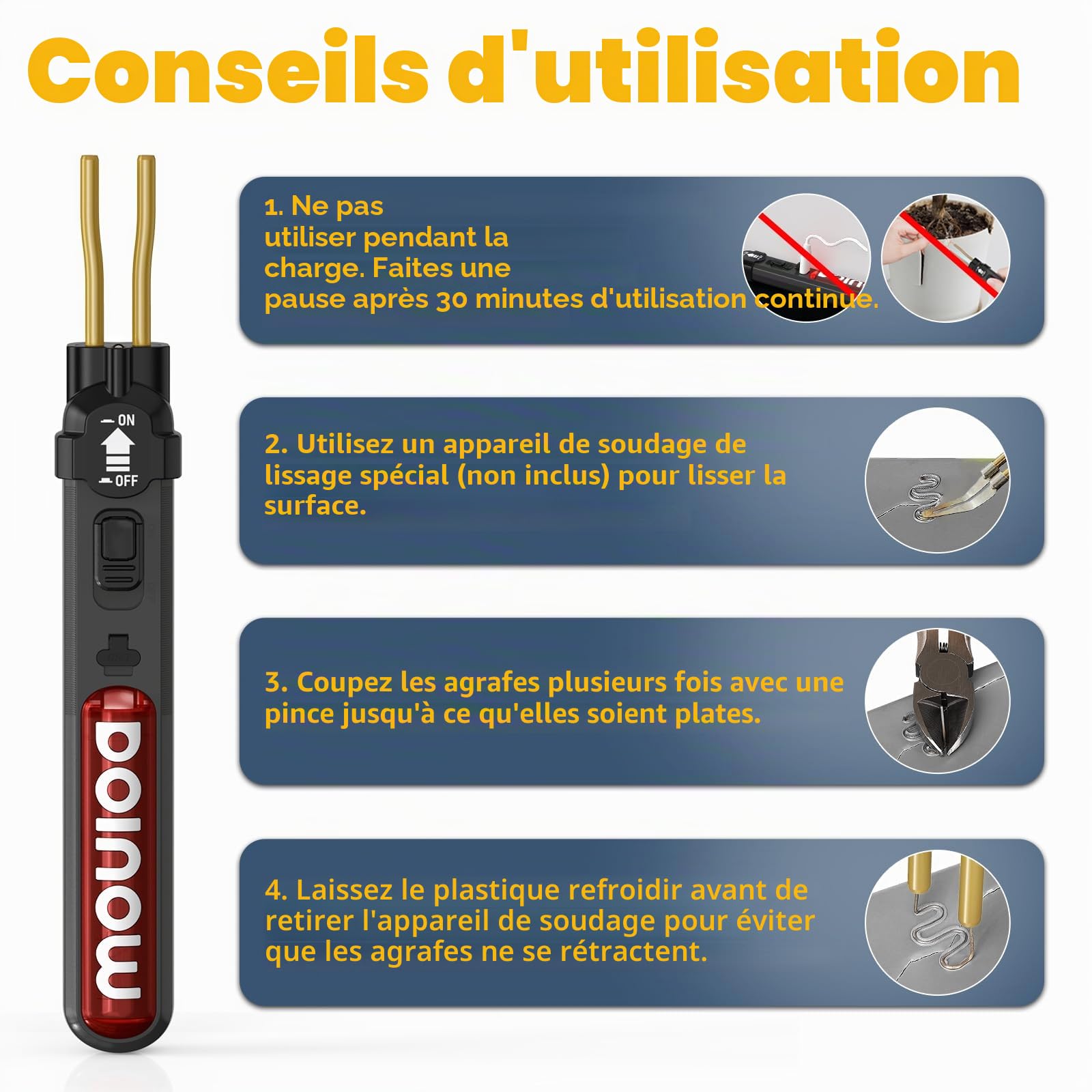 Kit de soudure plastique sans fil, 300 agrafes de soudage plastique, interrupteur marche/arrêt, chargement USB-C, soudeuse plastique pour la réparation des plastiques des pare-chocs automobiles