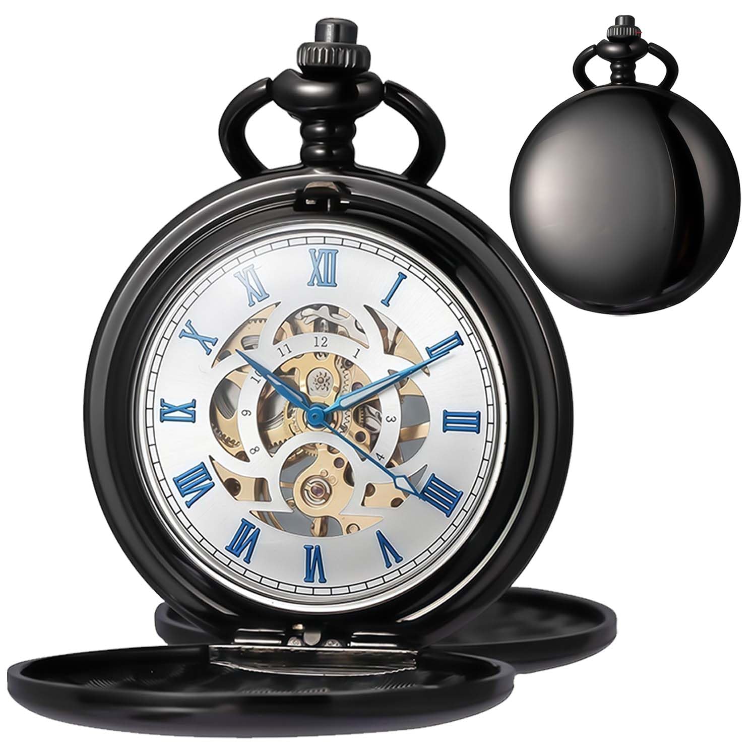 Mechanical Pocket Watch with Chain Retro Smooth Classic Handwind Roman Numerals for Men & Women Black White-image-31