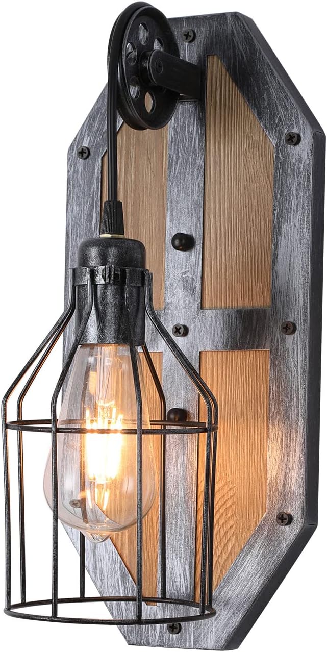 Grey Wooden Wall Sconce,1-Light E26 Industrial Farmhouse Wall Mount Lamp,Matte Black Finish,Iron Caged Lampshade Vintage Wall Light for Bedroom, Living Room, Bar, Porch