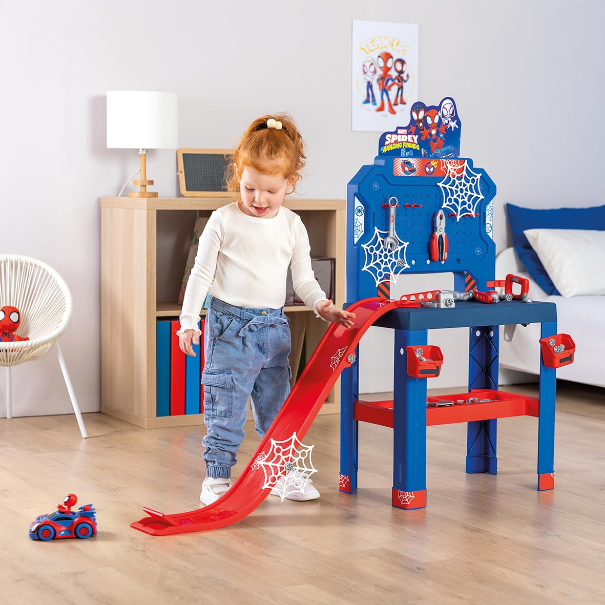 Smoby - Spidey - Bricolo Center - Fai da te - Numerose funzioni di gioco - Auto da montare - 90 accessori - Dai 3 anni - Prodotto in Francia