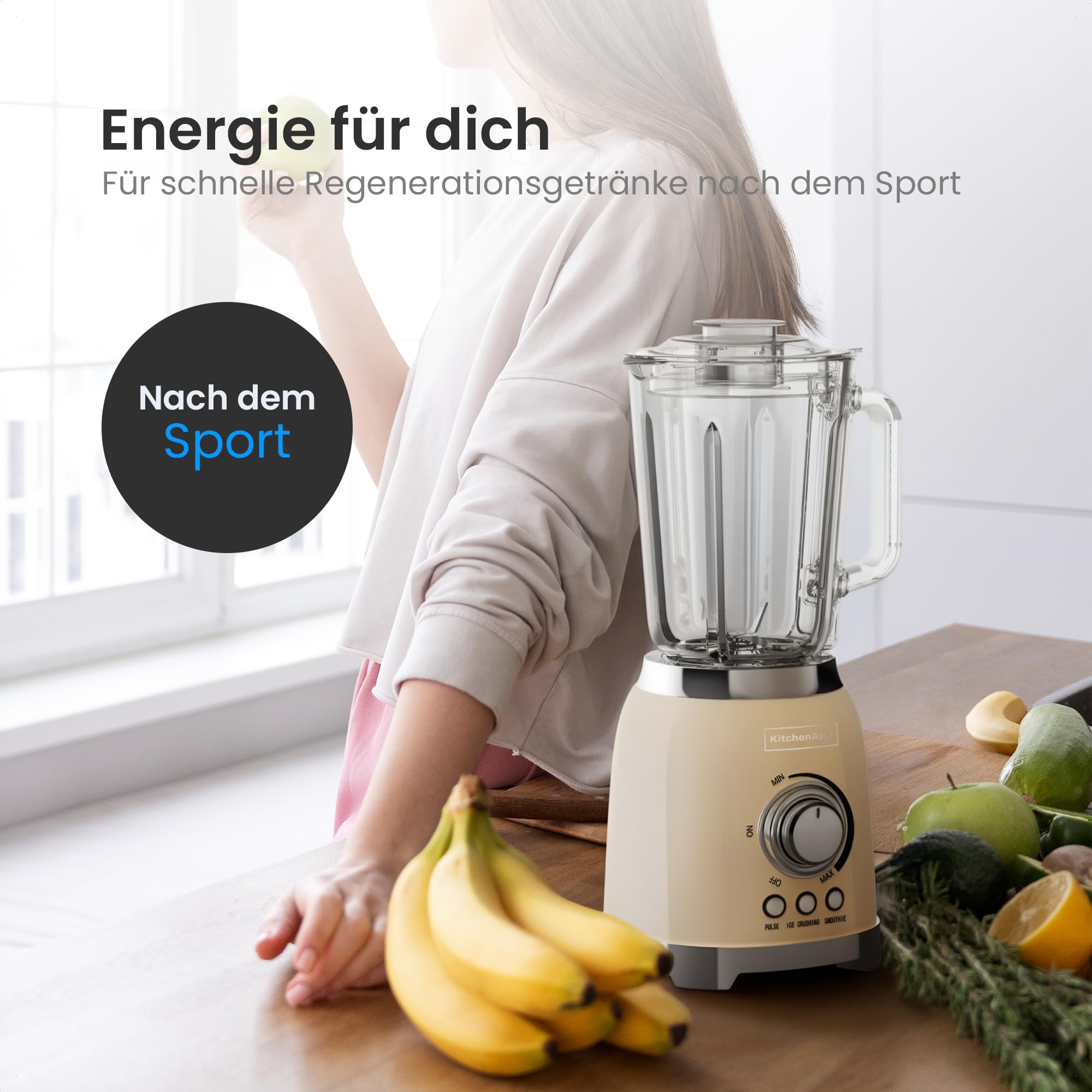 Retro Standmixer 1,5L mit Glaskanne – 800W Mixer mit Eiscrusher, Smoothie- & Pulse-Funktion, Beige