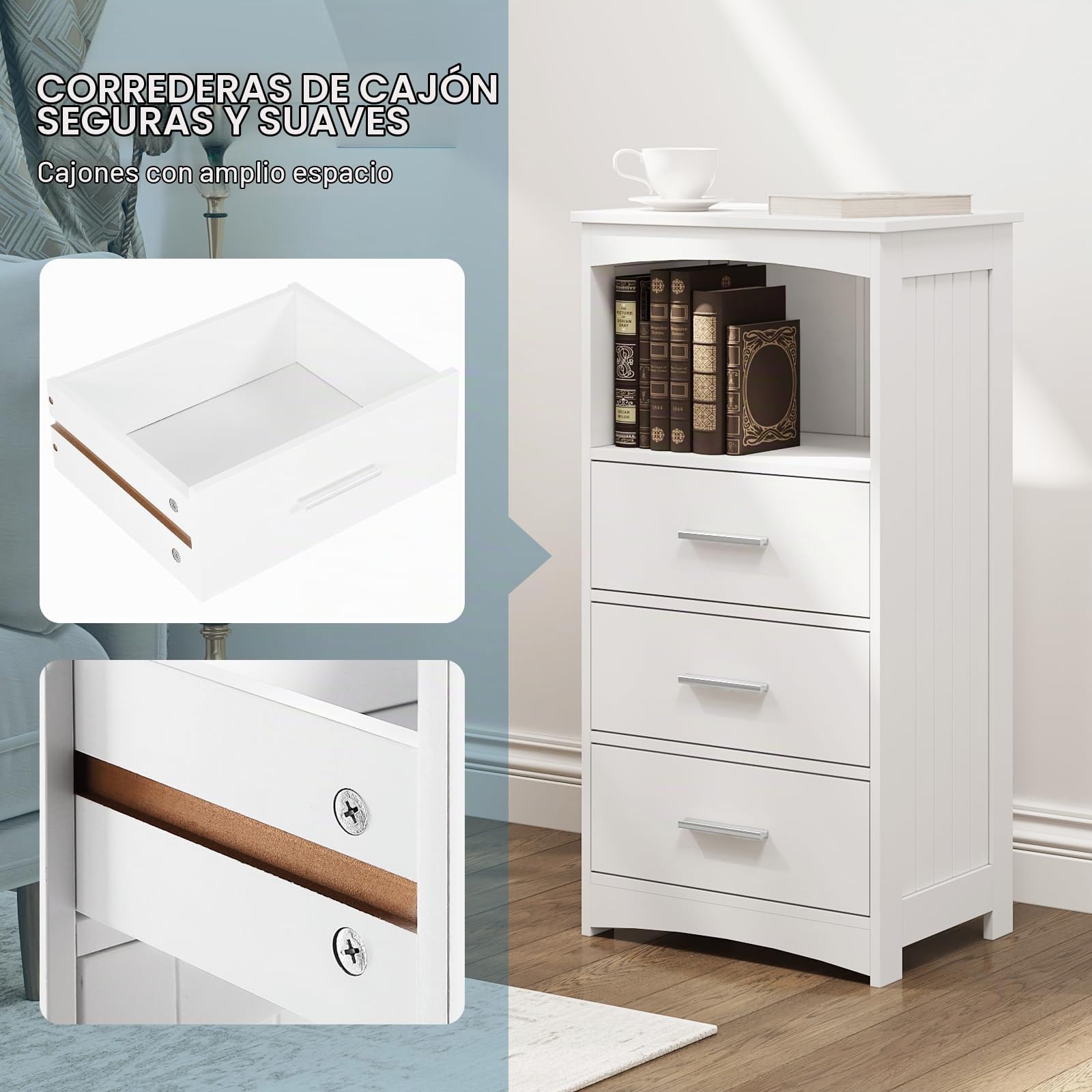 EUGAD Armario Estrecho, Armario de Columna, Mueble Auxiliar Baño con 3 Cajones y 1 Compartimiento Abierto, Mueble Baño Almacenamiento, 40x26,5x80 cm, Blanco