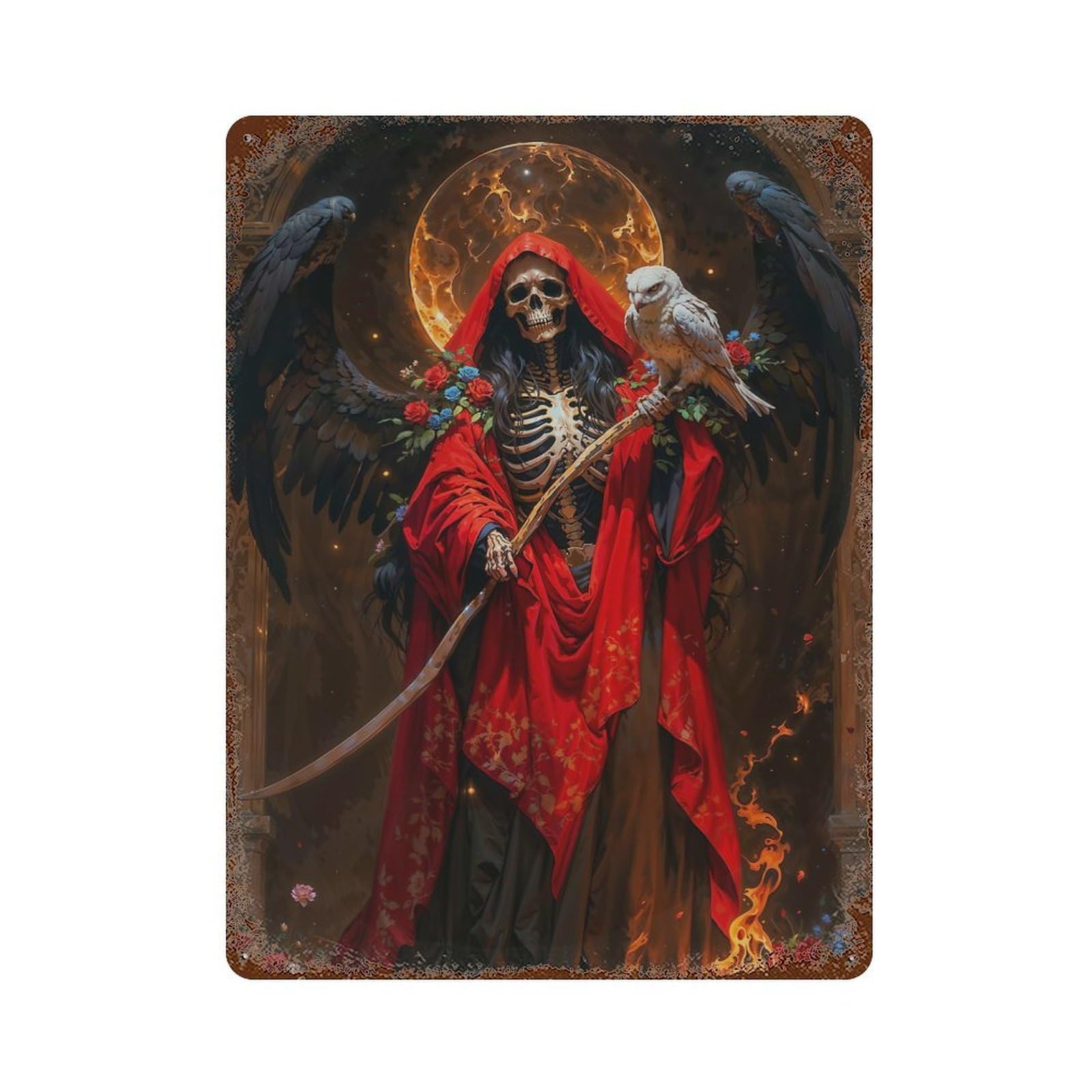 Garage Style Santa Muerte with Owl Weathered Tin Sign 15.7"x11.8", Classic Wall Plaque for Bar And Workshop
