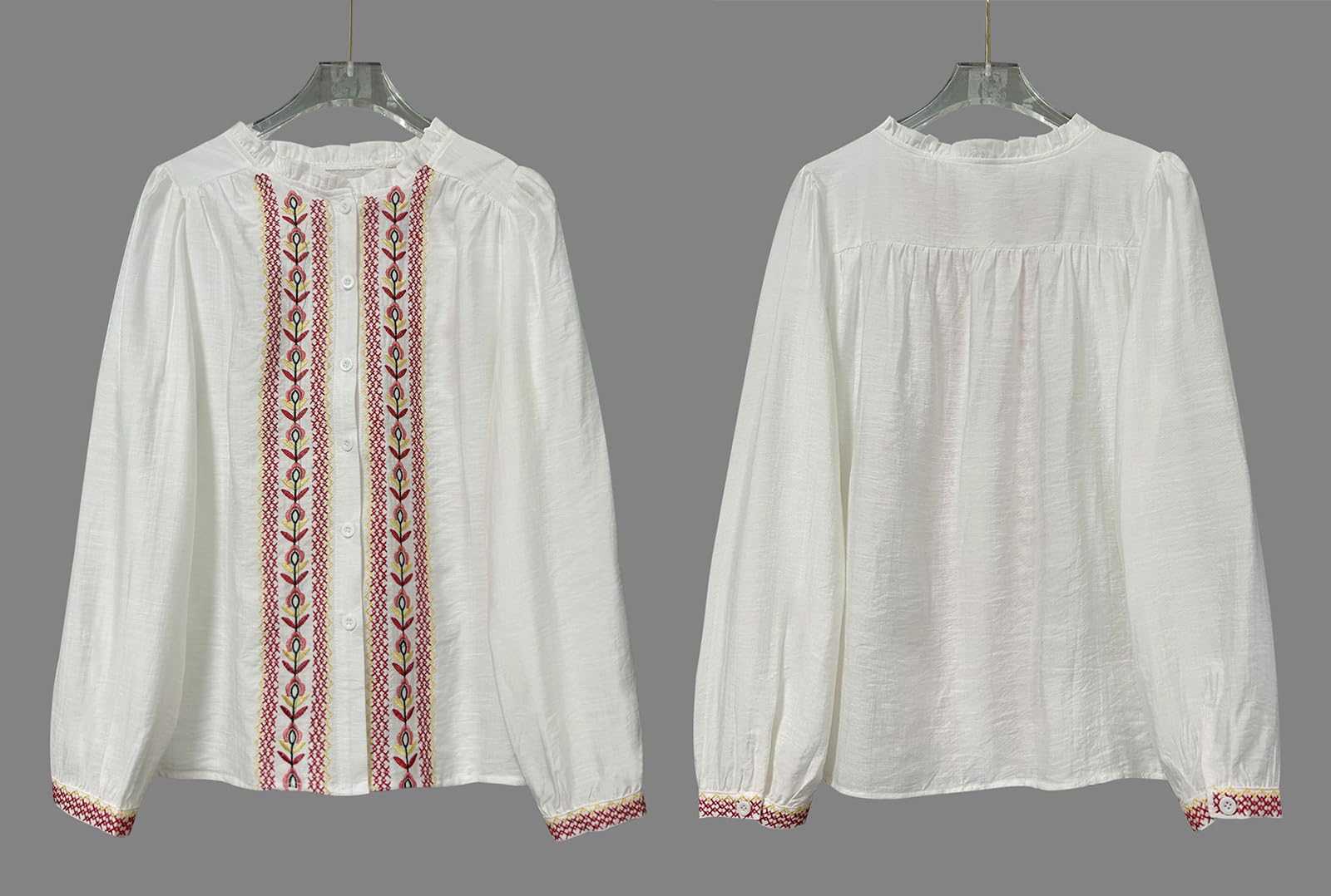 Chemises Boutonnées pour Femmes À Fleurs Vintage avec Broderie Manches Évasées Longues Blouse Décontractée Boho pour Vacances