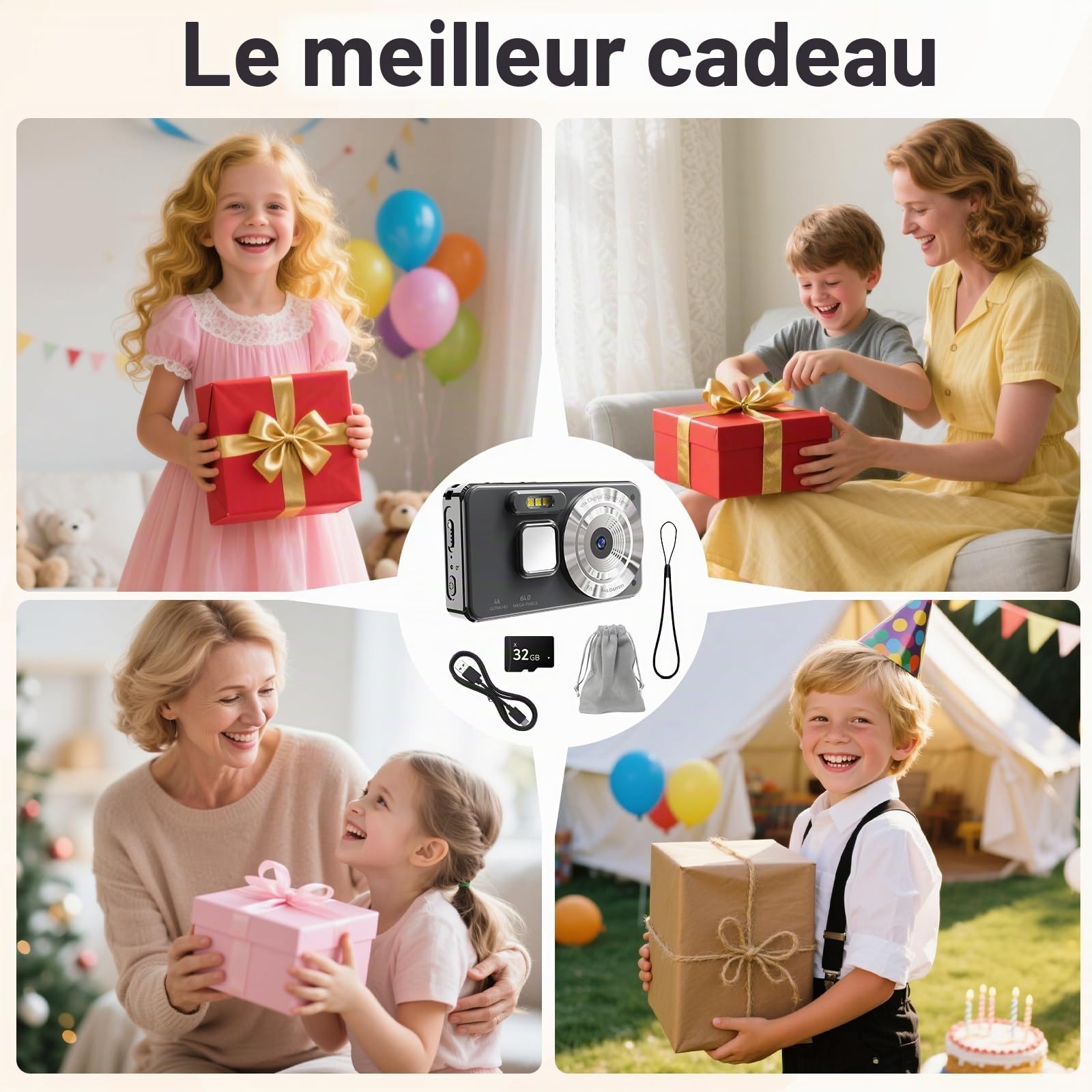 Appareil Photo Numérique 4K 64MP - Caméra Portable avec Zoom Numérique 18X, Écran LCD 2,8", Carte SD 32GB Incluse, Stabilisateur d'image - Idéal Enfants, Adolescents et Débutants (Noir-2)