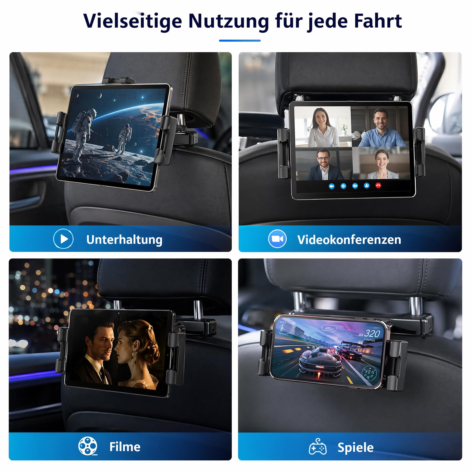 Uchwyt samochodowy na tablet, zagłówek samochodowy – stabilny uchwyt do smartfonów, tabletów o przekątnej ekranu 4,4–14", obracany o 360°, bezpieczny, bez ograniczania widoczności dla