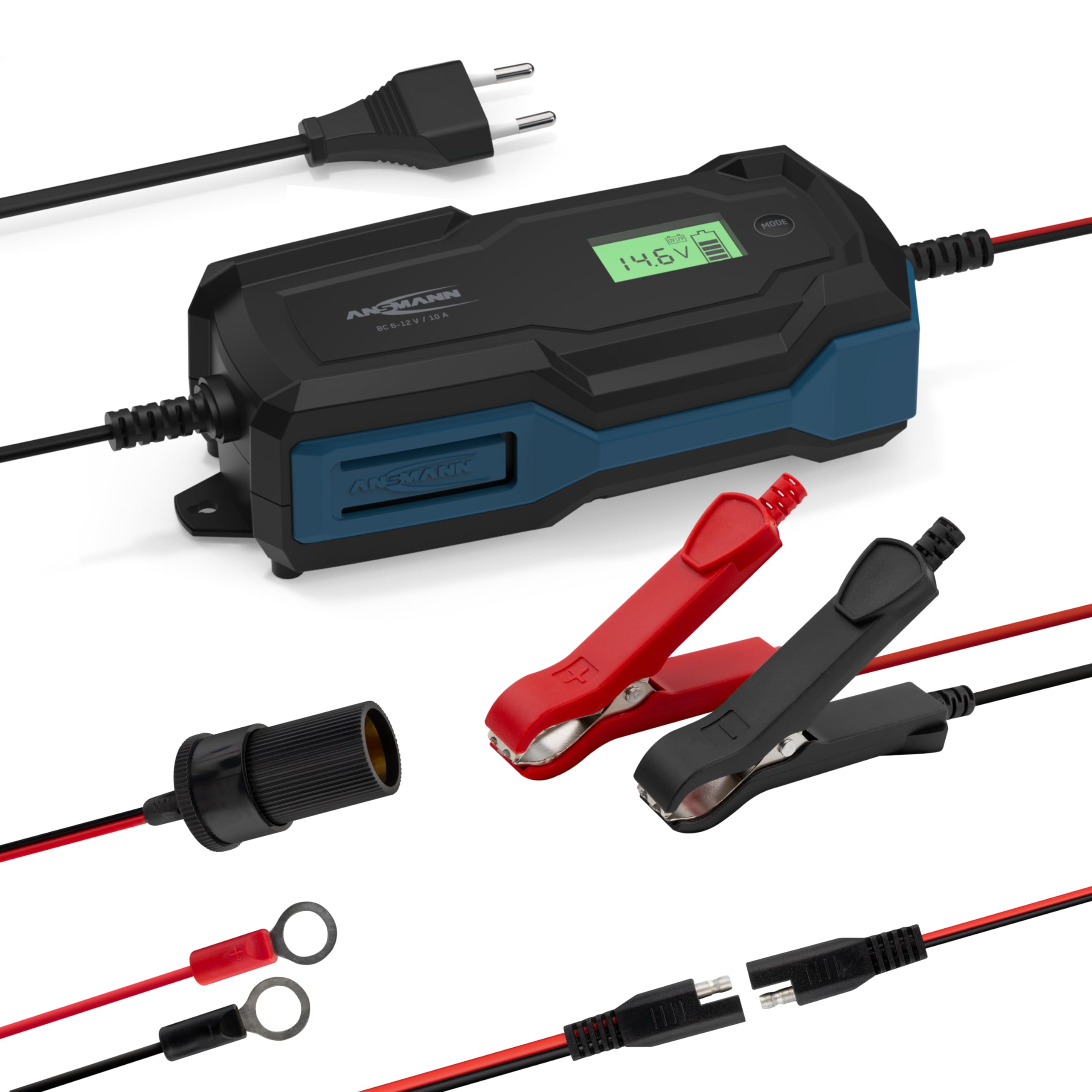 ANSMANN Chargeur Intelligent à 10 étapes 6V 12V / 10A avec écran LCD pour Batteries Plomb-Acide, Plomb-Gel et Plomb-Lies, Ainsi Que Batteries 12V LiFePo4 pour Voiture, Moto et camionnette
