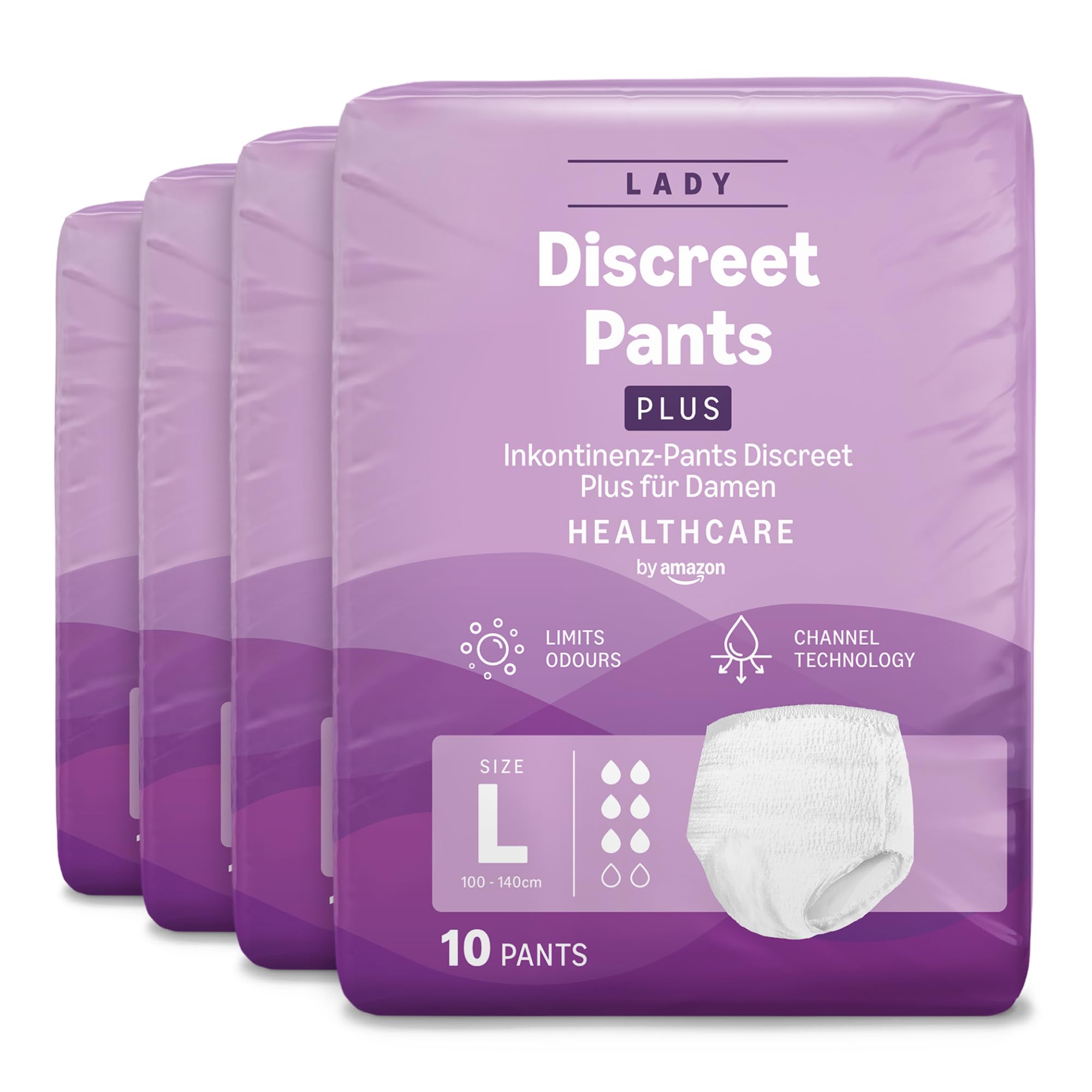 Healthcare by Amazon Discreet Incontinence Lady Pants, Plus Absorbency, Large, 40 Count (4 Packs of 10), White, (Previously Amazon Basic Care) - Packaging May Vary