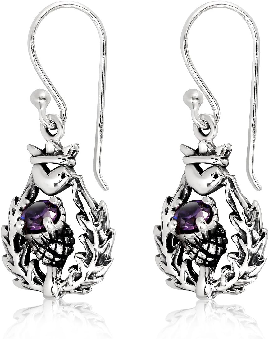 WithLoveSilver 925 Sterling Silver Classic Scottish Thistle Simulated Cubic Zirconia Heart Dangle Earrings