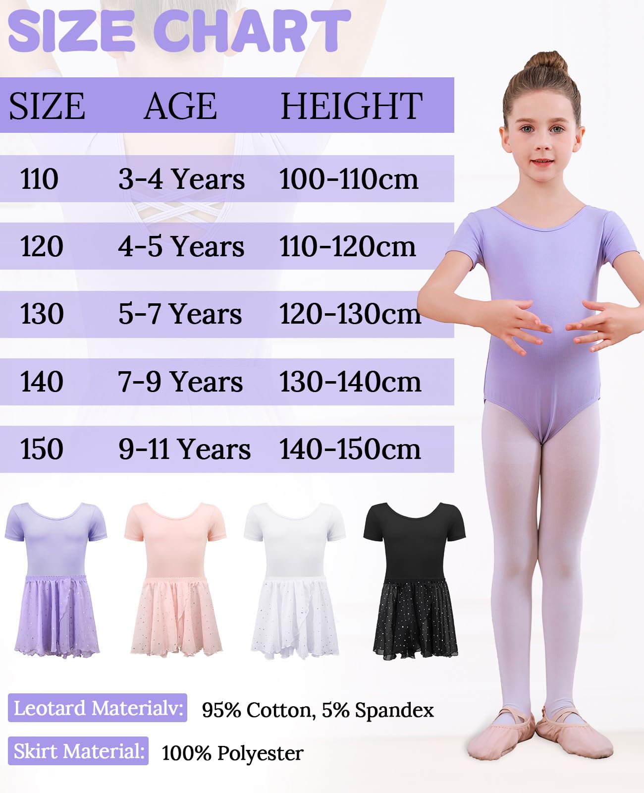 Robe de Ballet Justaucorps Danse Fille Manches Courtes Justaucorps Gymnastique Fille en Coton avec Jupe Tutu en Mousseline De Soie 3-11 Ans