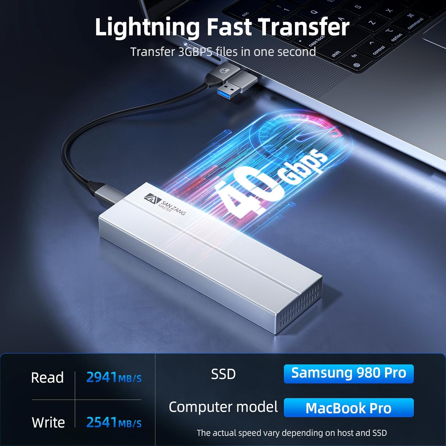 SAN ZANG MASTER 40Gbps M.2 NVMe SSD Enclosure with Cooling Fan, Aluminium USB4 NVMe SSD Enclosure for MacBook Air/Por M1/M2, Compatible with USB4/3.2/3.1/3.0/2.0, Support 2230/2242/2260/2280(M Key)