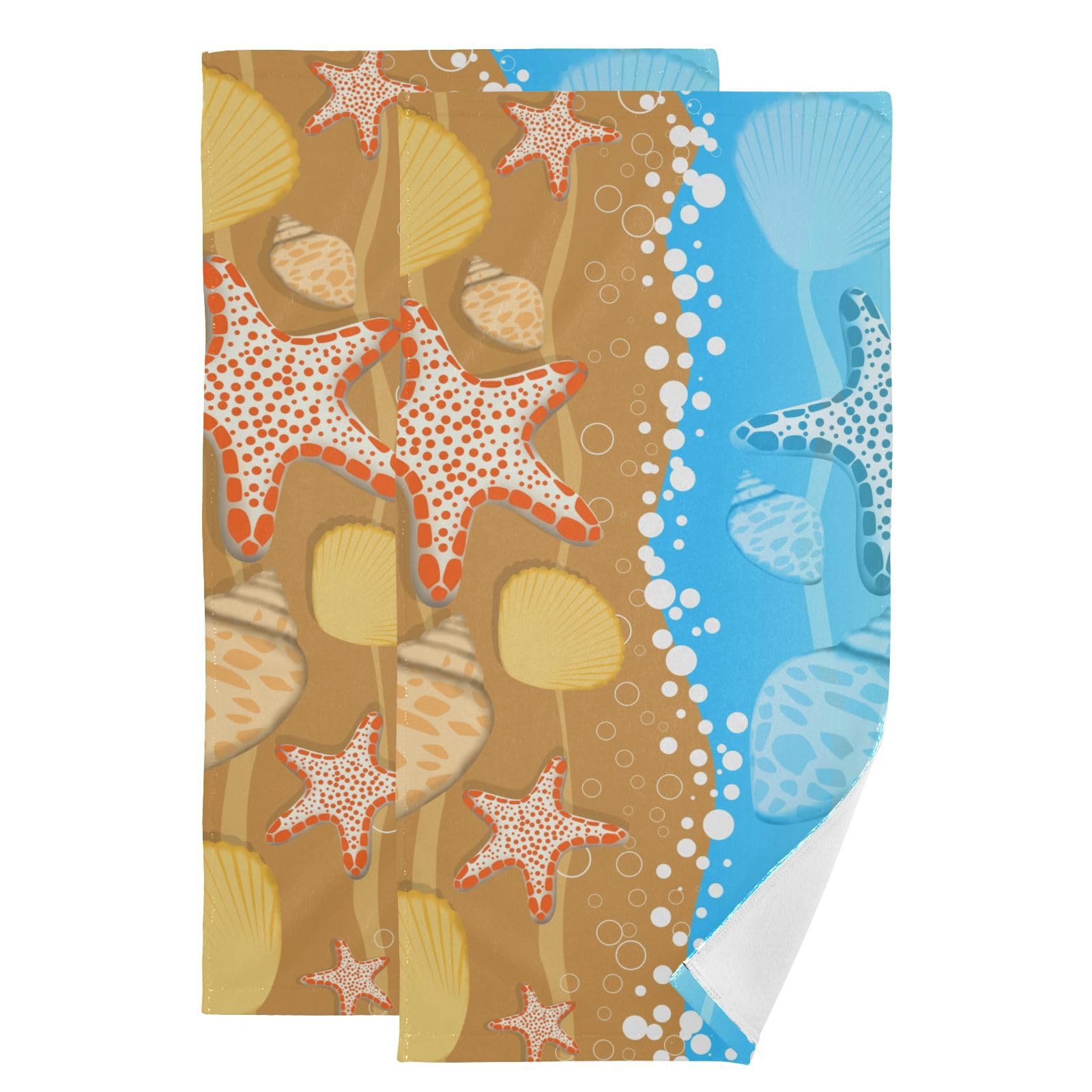 Beach Hand Towels for Bathroom Set of 2, 14" x 28" Nautical Coastal Starfish Seashells Bath Towels Soft Absorbent Decorative Fingertip Towels Home Hotel Spa Gym Face Towels Kitchen Tea Dish Towels