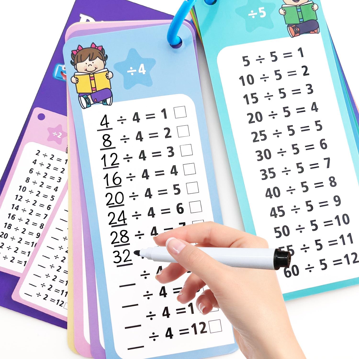 1-12 Division Flash Cards, Large Math Table Flashcards, Including 15 Cards, 2 Dry Erase Markers, 1 Rings, Educational Times Table Flashcards for Classroom Home, for 1st to 3rd Grades