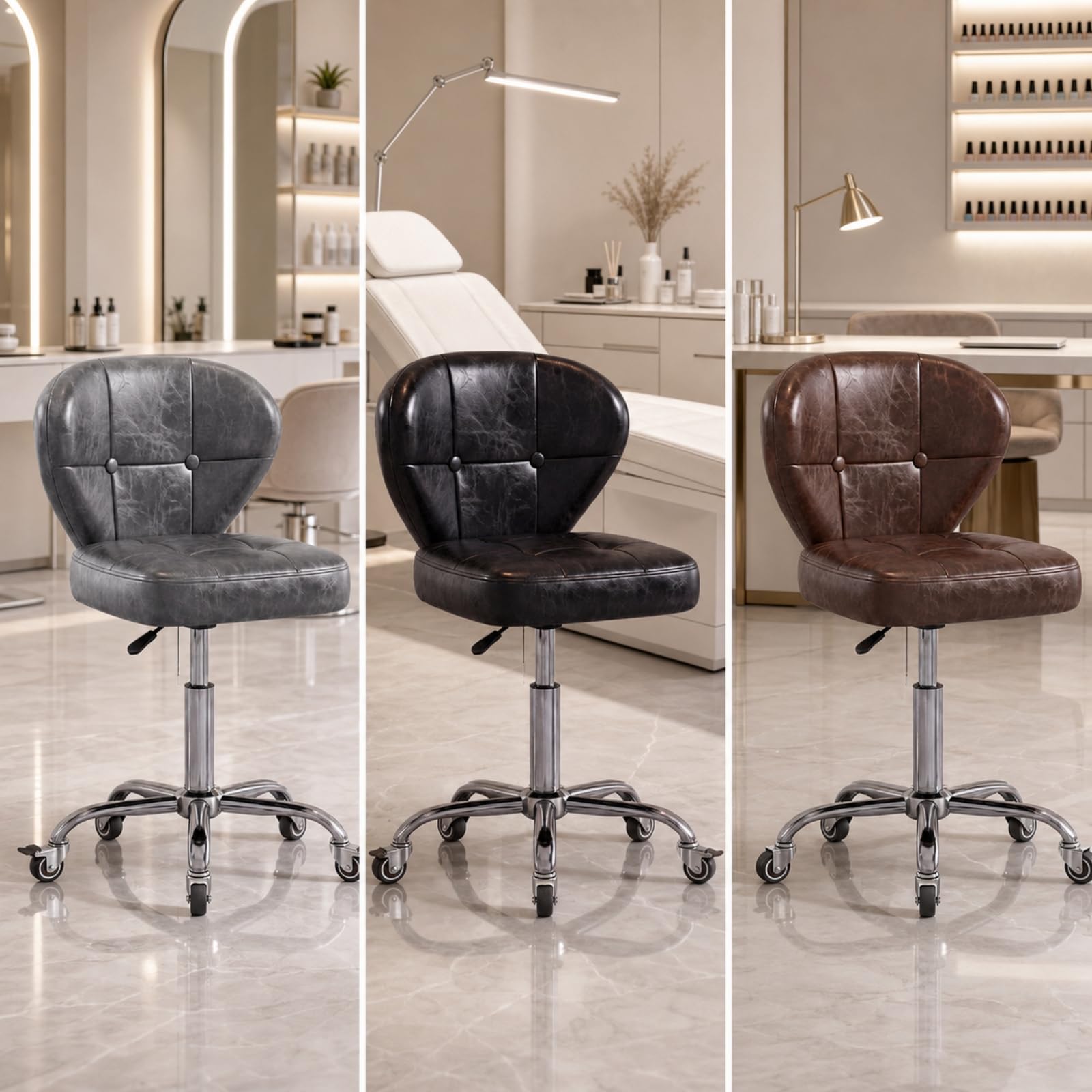 Poltrona Girevole per Salone con Rivestimento in Pelle Imbottitura Spessa Pistone Pneumatico Rotazione 360 Gradi Base a Cinque Raggi con Ruote per, Ruote Gommate Con Freno, Bianco, Senza Poggiapiedi