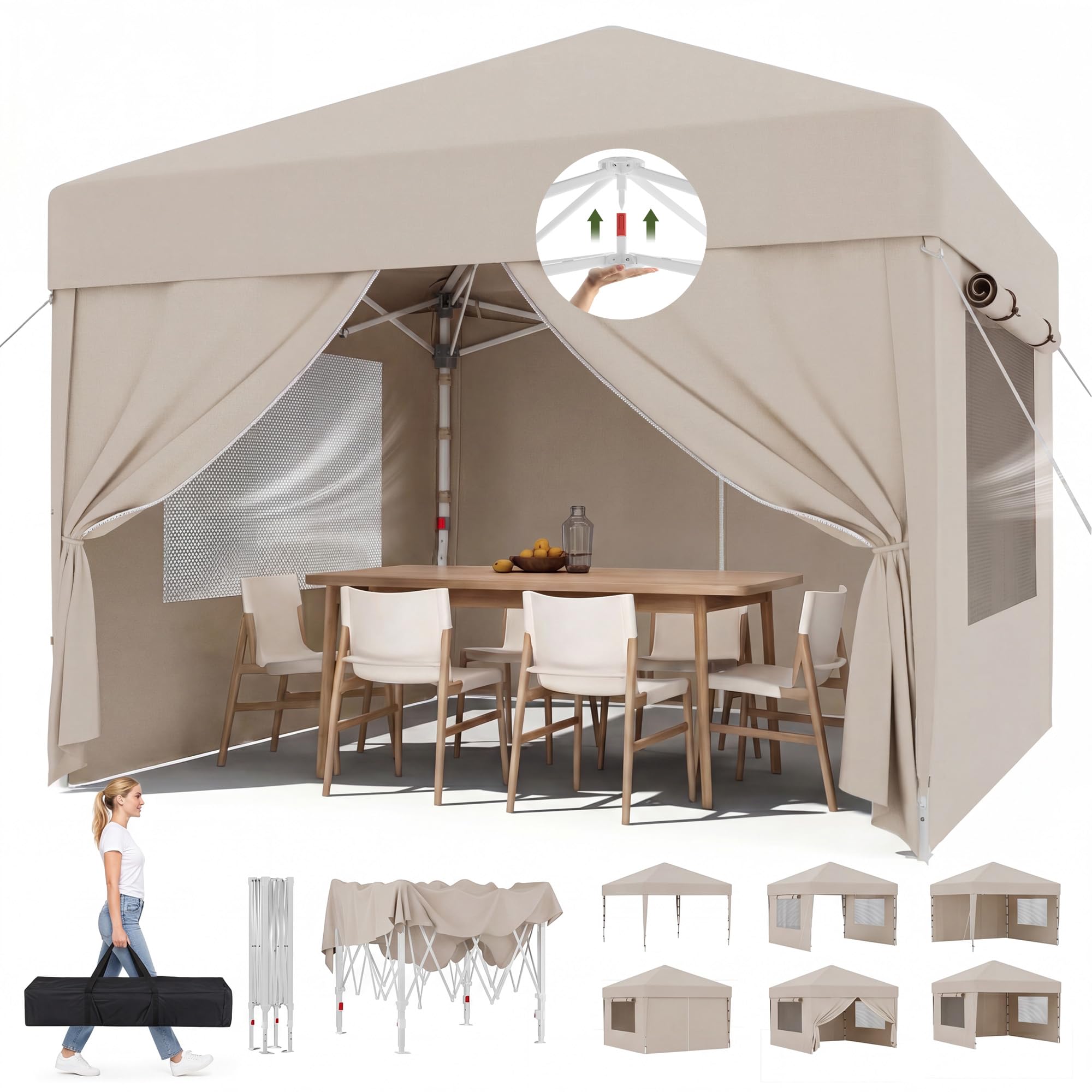 JUMMICO 3x3m Faltpavillon mit Insektenschutz & Belüftung｜Rollos + Lüftungsfenster｜1-Minuten Schnellaufbau｜10cm höhere Dachfläche,Beige