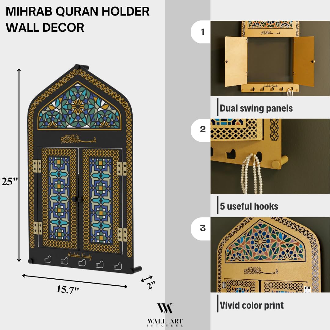 Mihrab Quran Holder Wall Decor – Metal Islamic Wall Hanging with Doors and 5 Hooks, Mihrab for Prayer Room, Muslim Home Decor (Black)