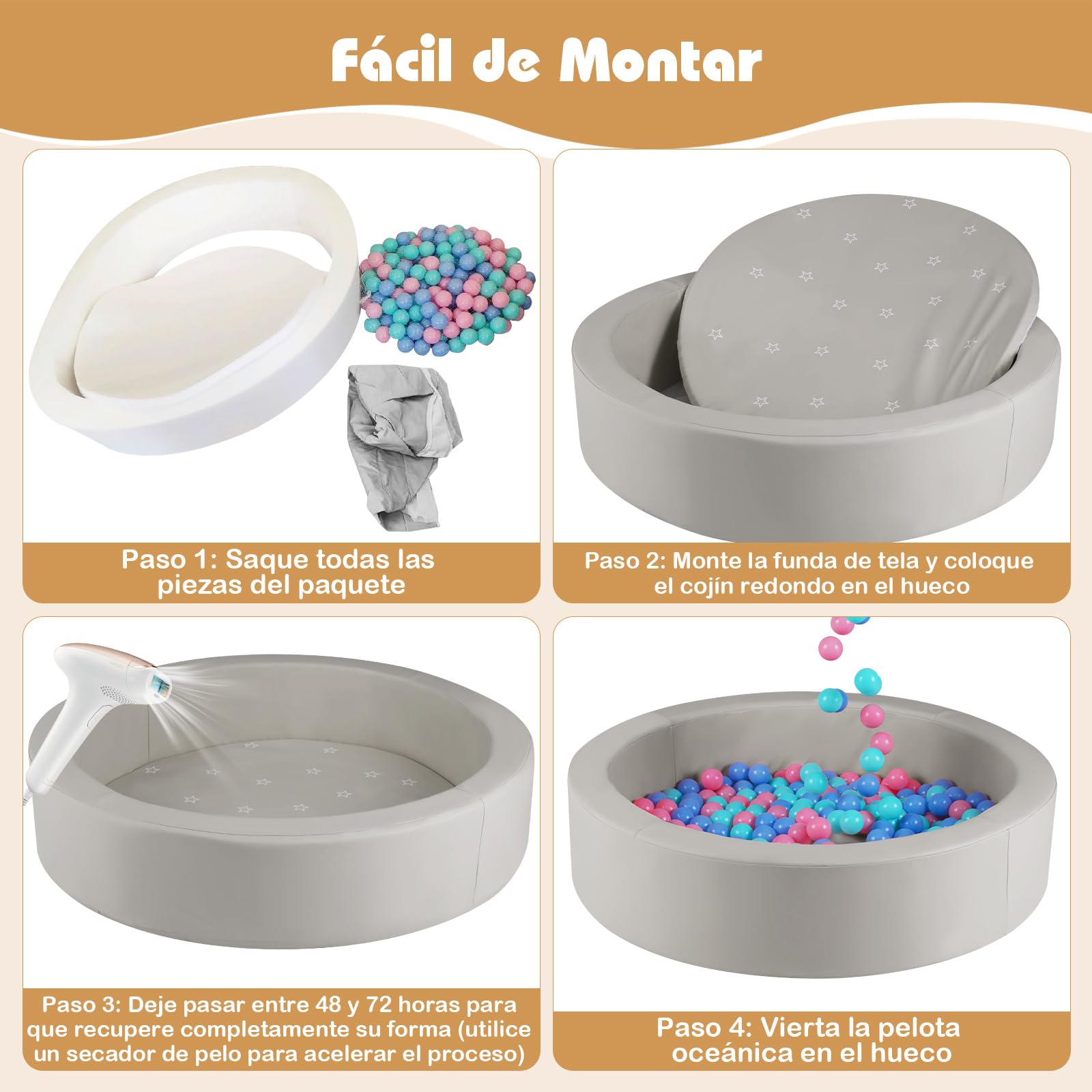 COSTWAY Piscina de Bolas para Bebés, Piscina de Pelotas Infantil Redonda de Esponja con 200 Pelotas Oceánicas y Bolsa de Malla, Parque de Bolas Infantil para Niños de 3+ Años (Gris)