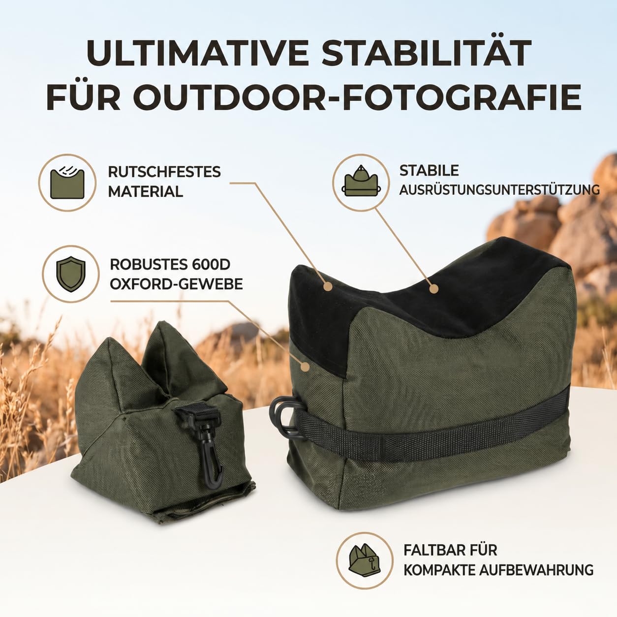 Dilwe Sac de Support de Tir 2 Pièces, Sac de Sable de Sport Unisexe, Poche Avant en Tissu Oxford 600D, Poche Arrière pour la Chasse à la Photographie
