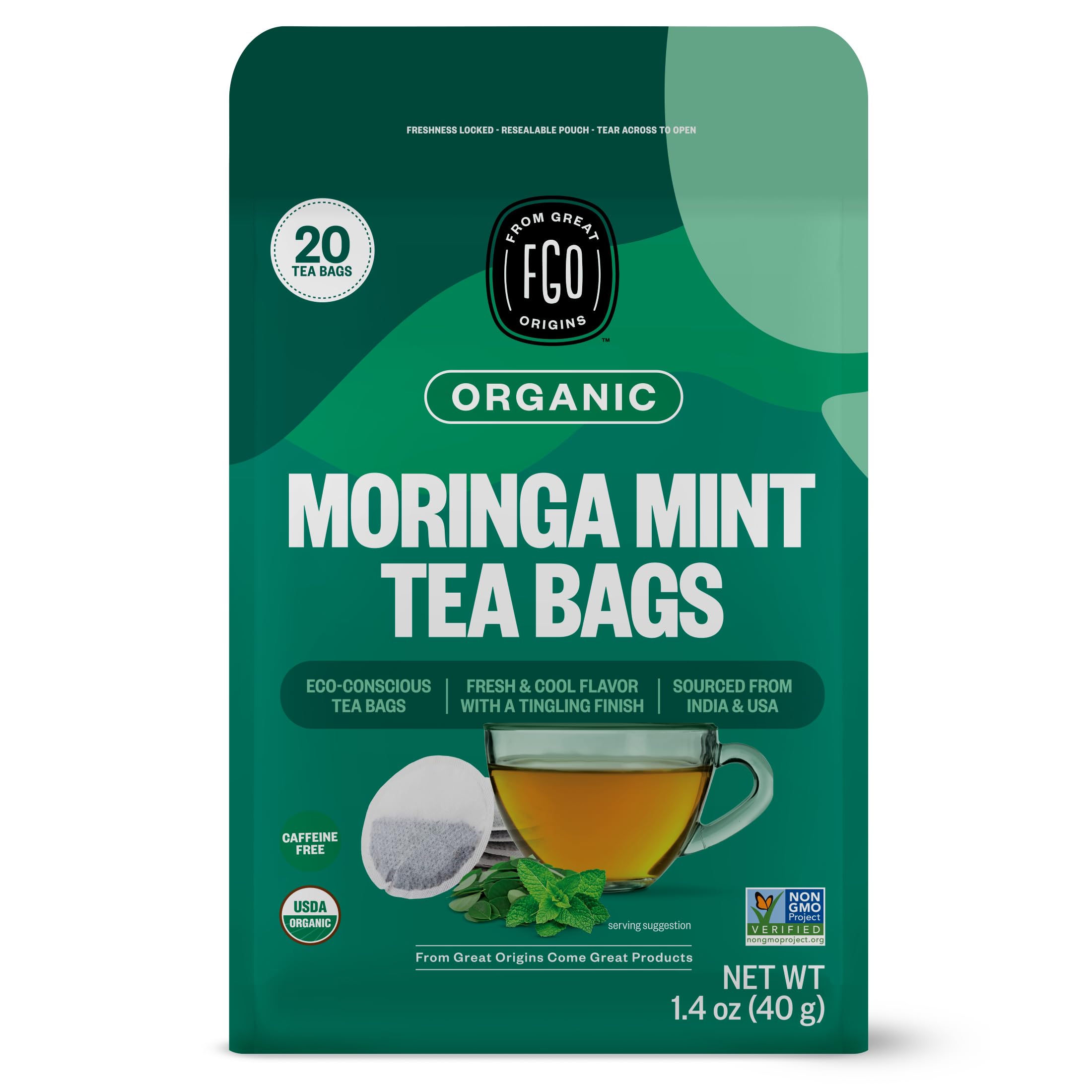 FGO Organic Moringa Mint Tea, 20 Count, Eco-Conscious Herbal Tea Bags, Resealable Bag, Caffeine Free, Packaging May Vary (Pack of 1)