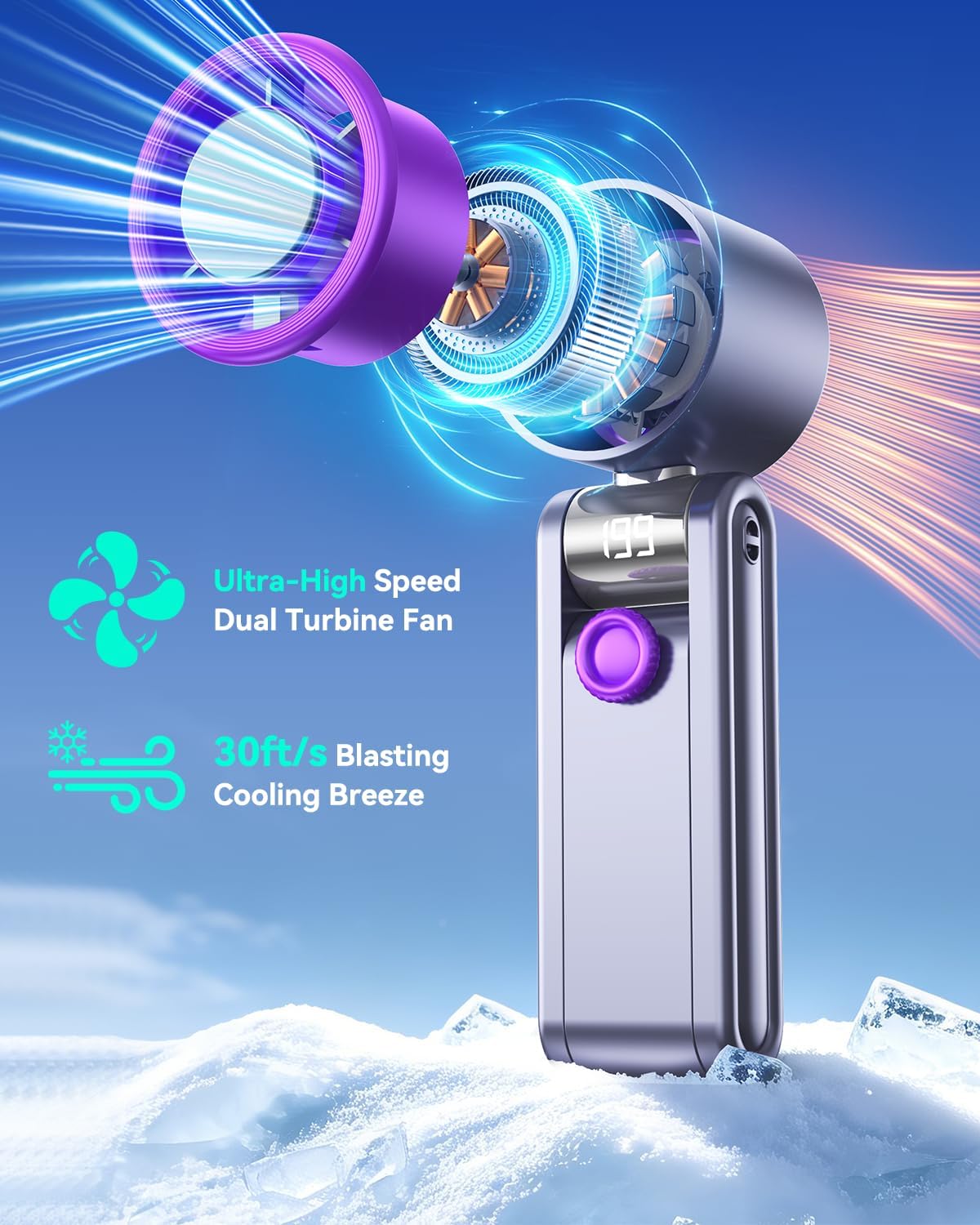 Portable Foldable Fan with Ice Cooling, 199 Speed Adjustable Handheld Fan Stand, 5500mAh Rechargeable Personal Fan with Digital Display and Lanyard, Summer Essential for Travel, Office, Outdoor,Grey