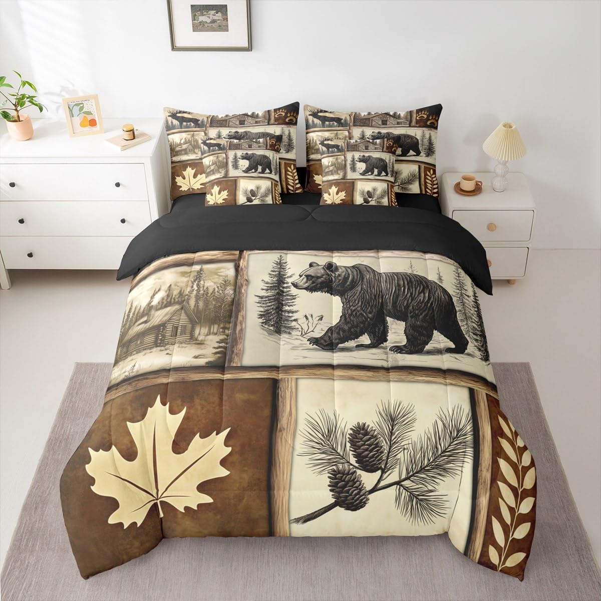 Erosebridal Hunting Bear Deer Bedding Set (King Size,7 Pieces) | Rustic Cabin Lodge Comforter Set with Sheets Country Patchwork Plaid Bed in A Bag Rural Maple Bear Paw Print Quilt Duvet Insert