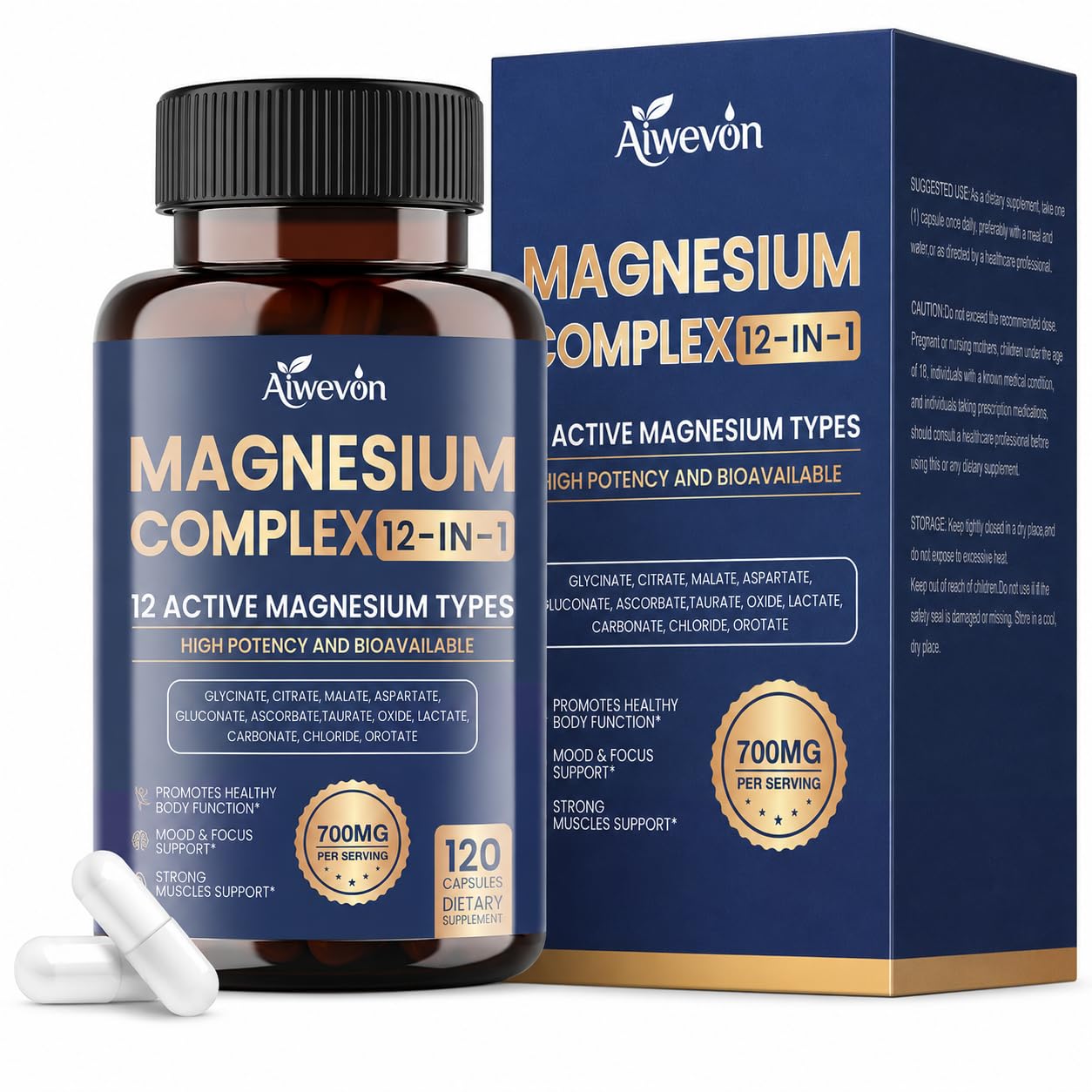 Magnesium Complex 700mg, 12 in 1 Magnesium Supplement with Glycinate, Citrate, Malate, Oxide, Taurate & Orotate, High Absorption Magnesium for Sleep, Muscle, Nerve & Heart Support, Vegan, 120 Capsules