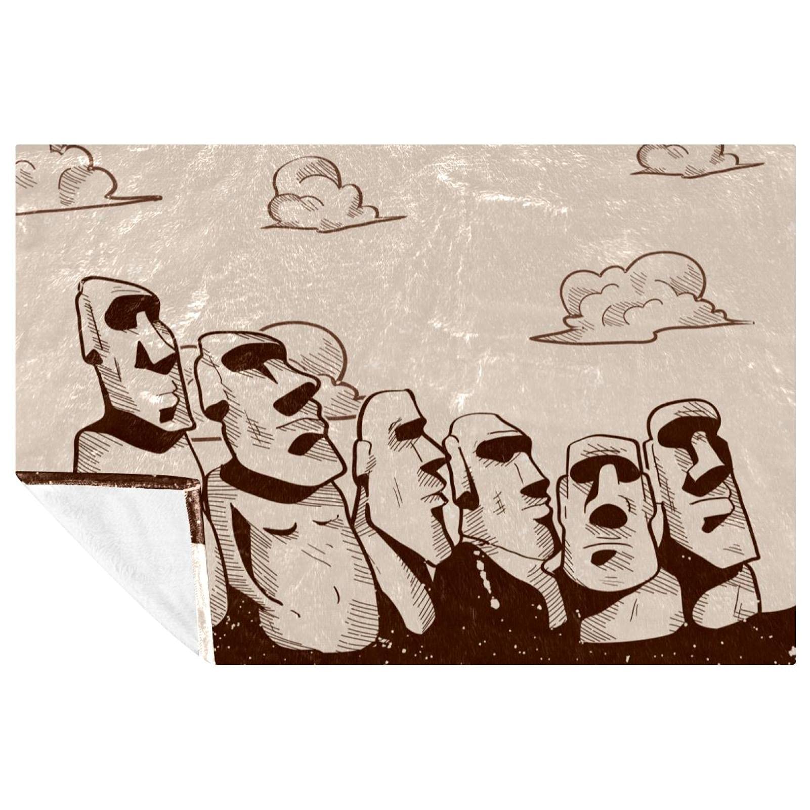 Couverture lit motif Moai Île de Pâques - Plaid chaud canapé pique-nique